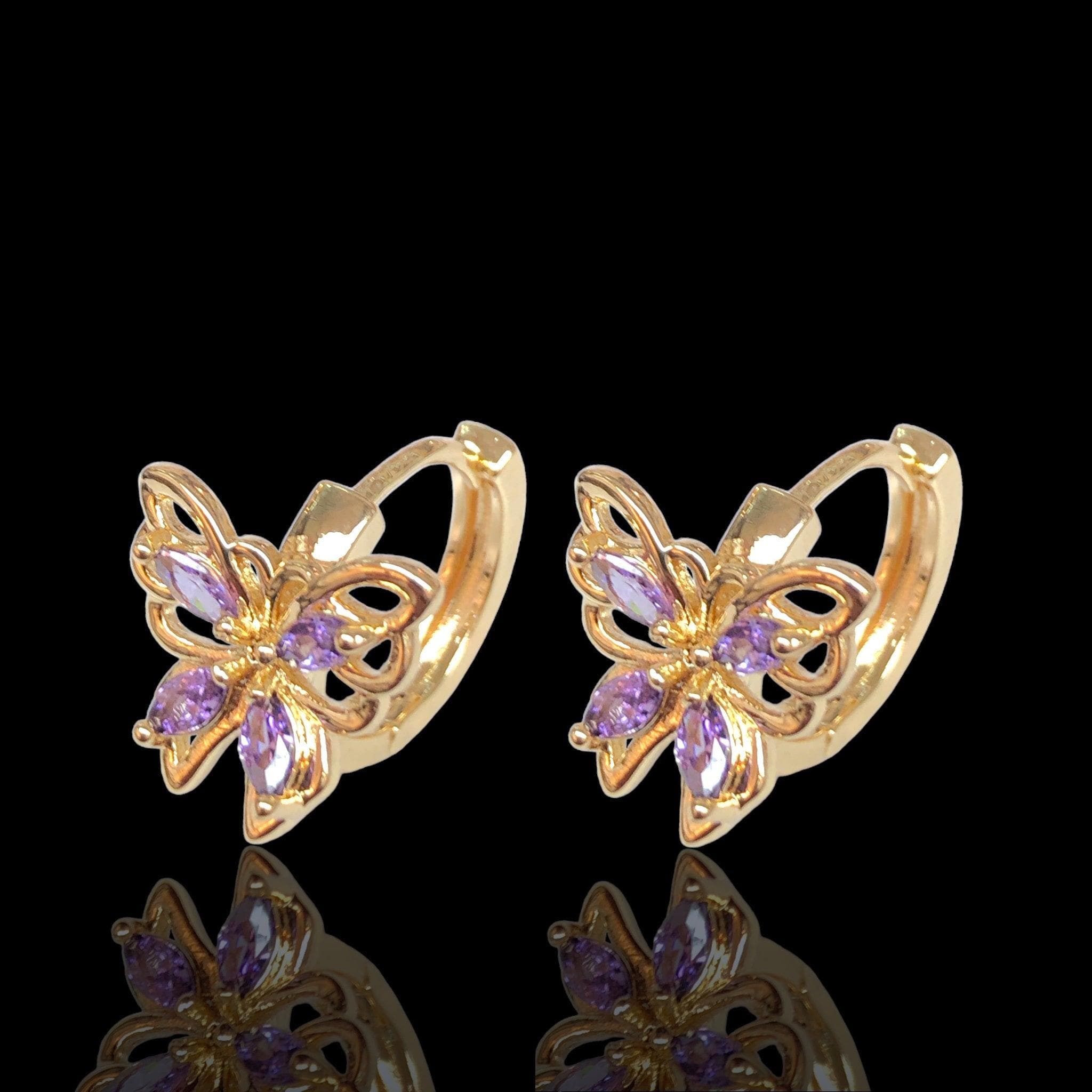 Oro Laminado Gold Filled Monarch Butterfly CZ Hoop Earrings