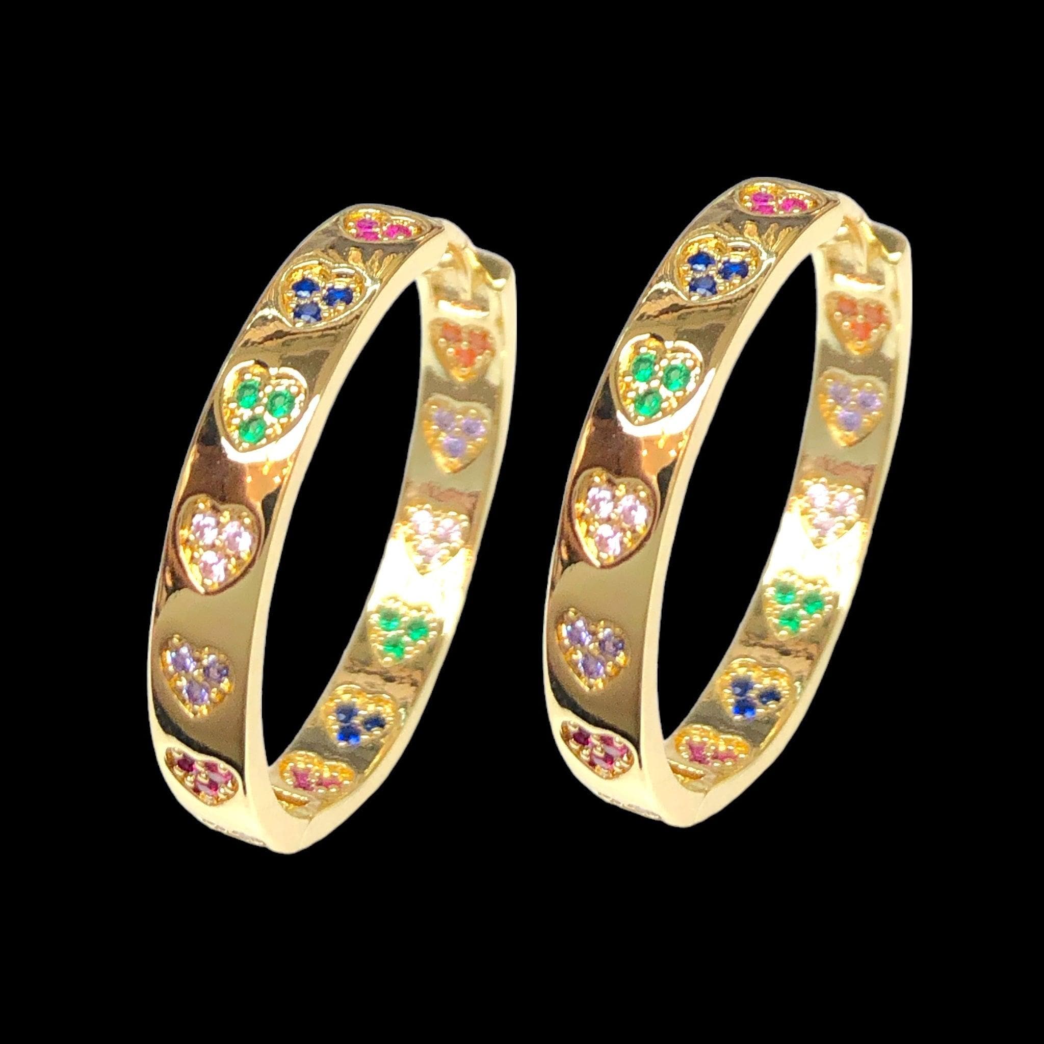 Oro Laminado Gold Filled Rainbow Heart CZ Hoop Earrings