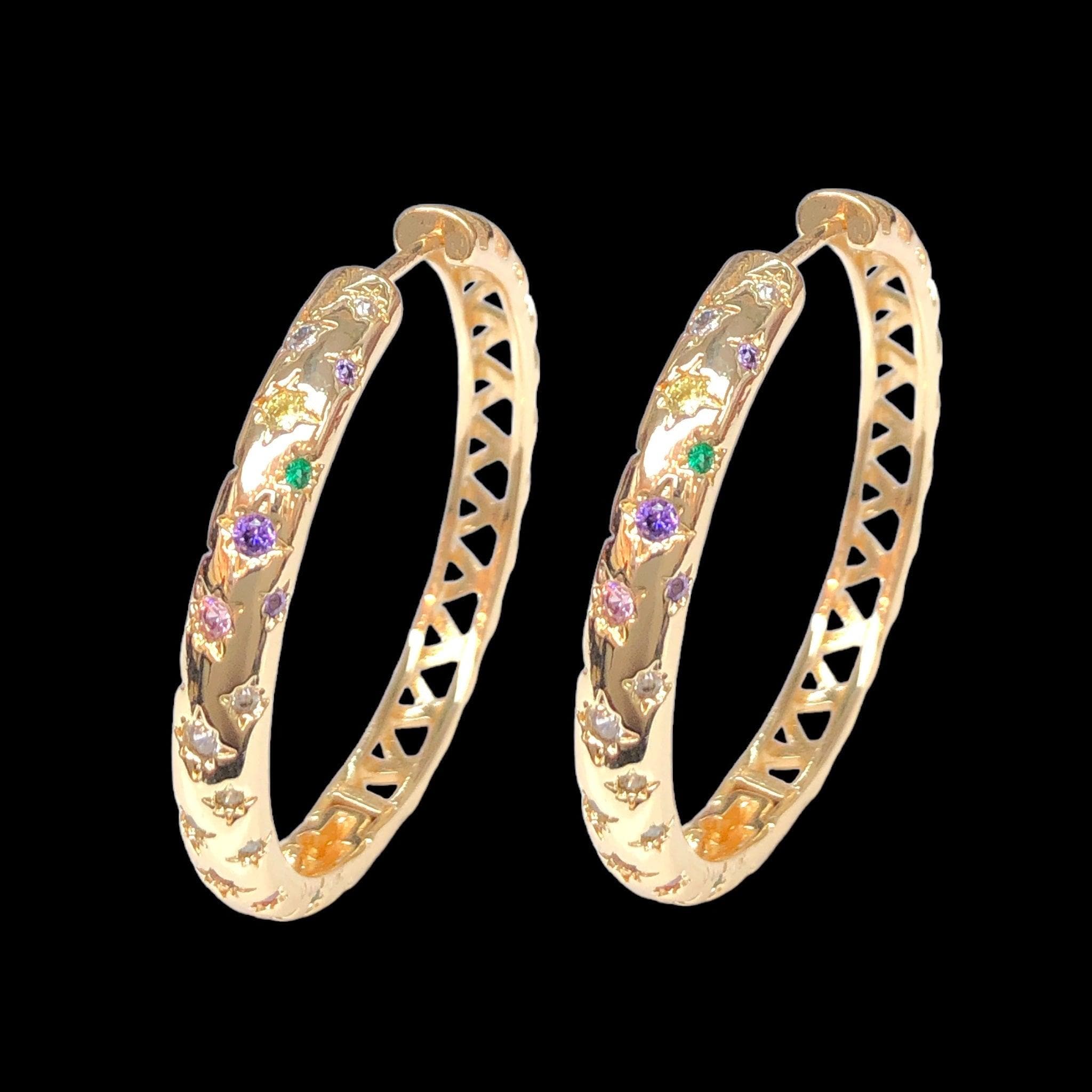 Oro Laminado Gold Filled Starry Night CZ Hoop Earrings