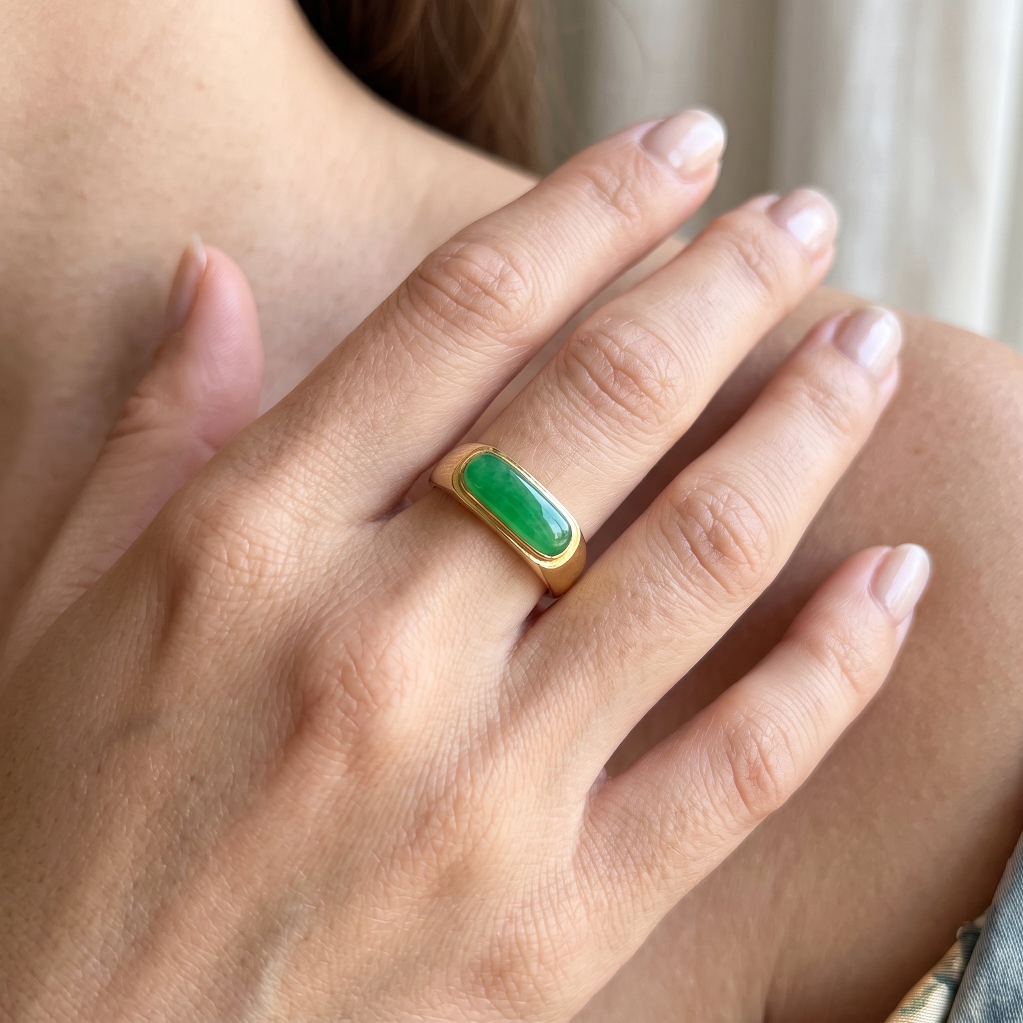 Oro Laminado Gold Filled Stone of Prosperity Jade Ring