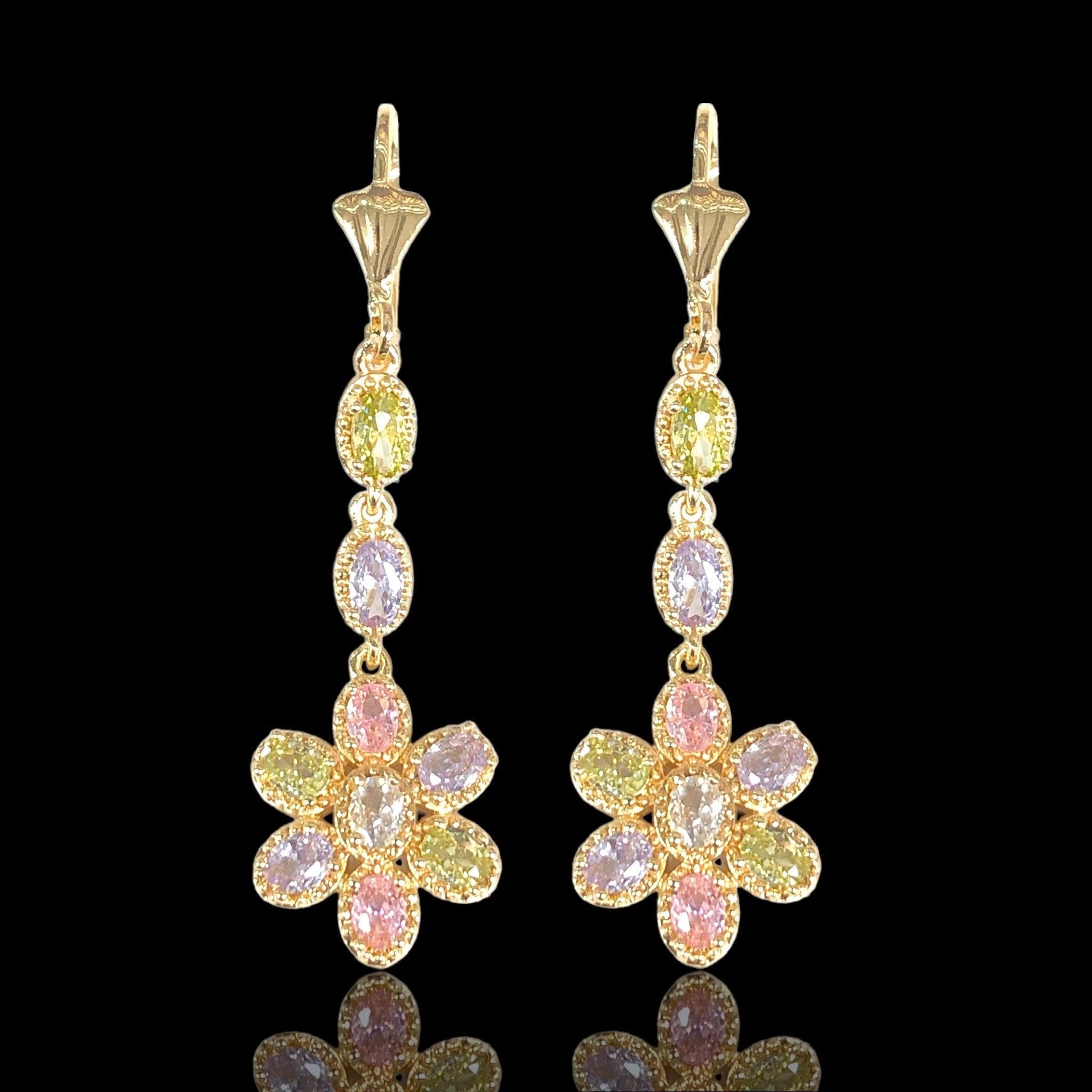 Oro Laminado Gold Filled Sun Flower CZ Dangle Earrings