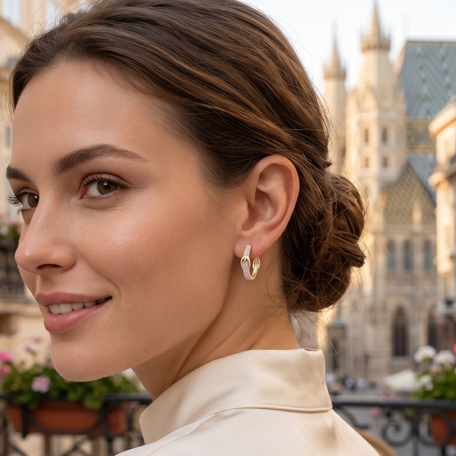 Oro Laminado Gold Filled Swiss Buckle CZ Hoop Earrings