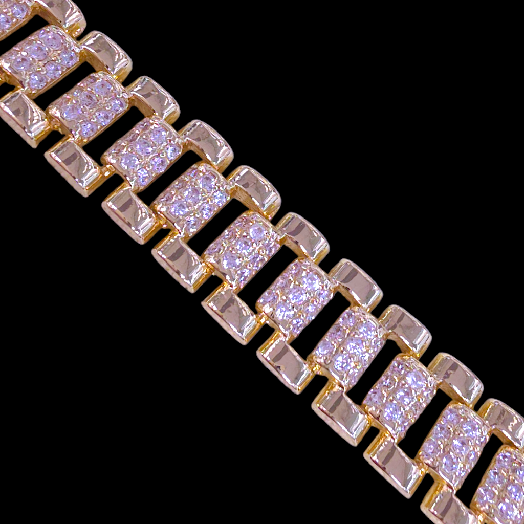 Oro Laminado Gold Filled Swiss Rolx Zirconia Studded Bracelet