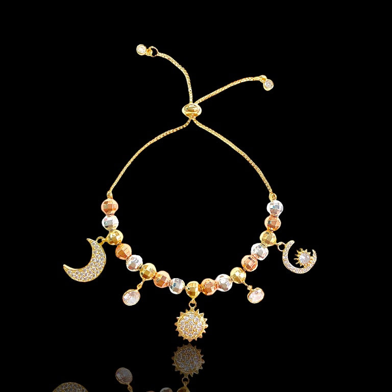 Oro Laminado Gold Filled Tricolor Sun & Moon Charm Bracelet