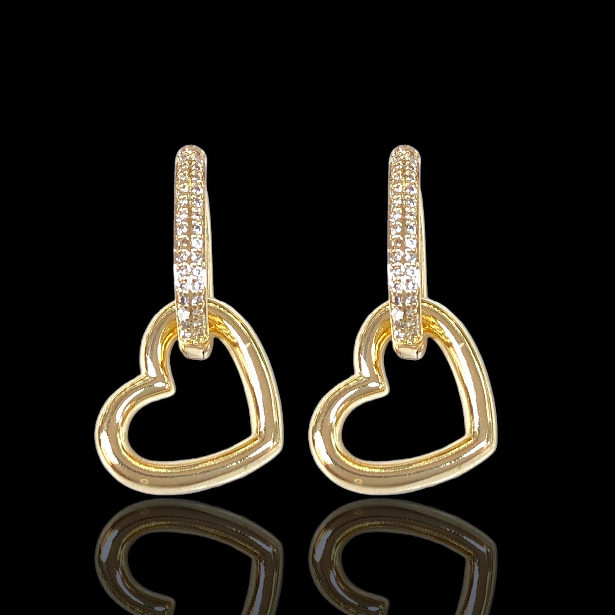Oro Laminado Gold Filled Valentine Heart CZ Dangle Hoop Earrings