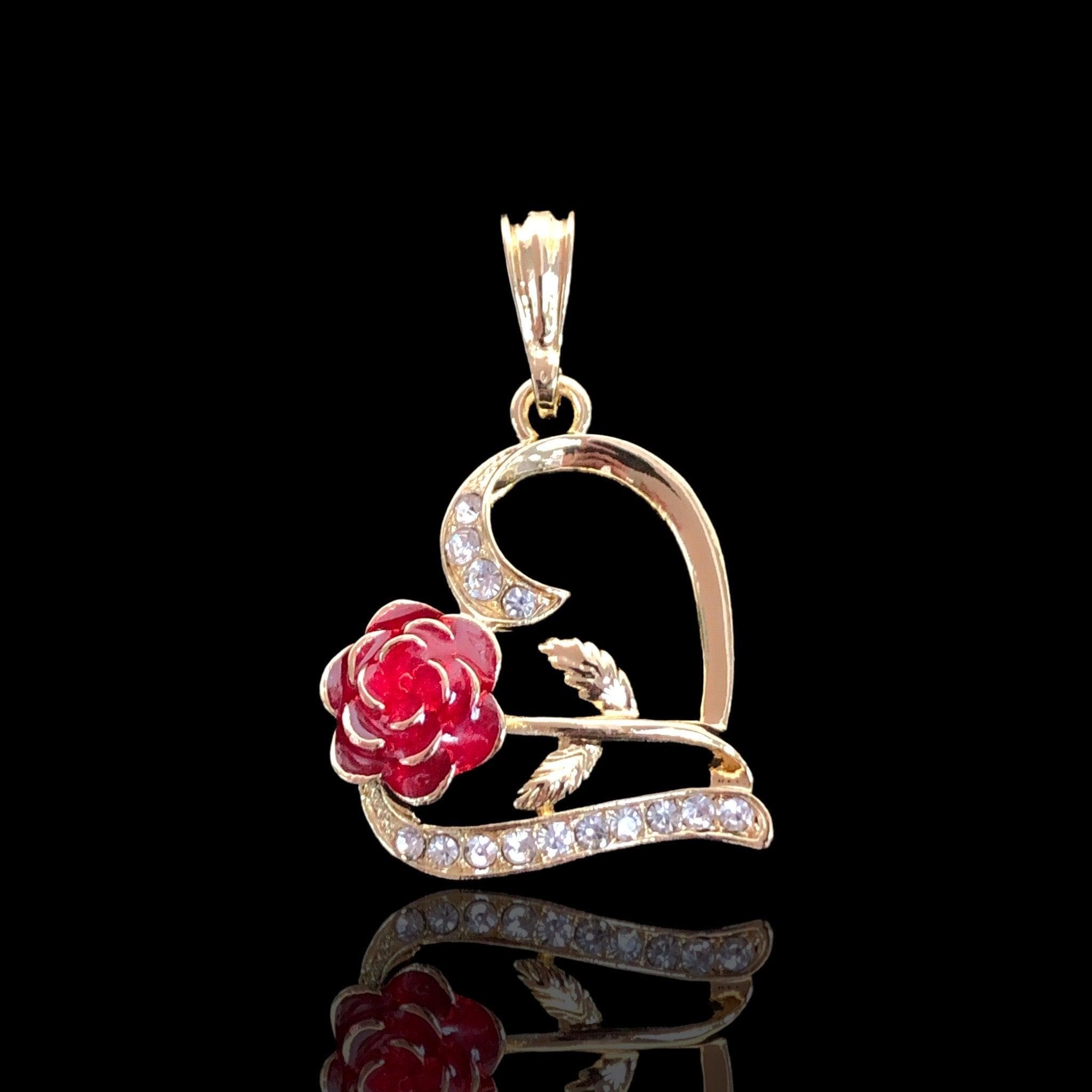 Oro Laminado Gold Filled Valentine Rose Heart Pendant