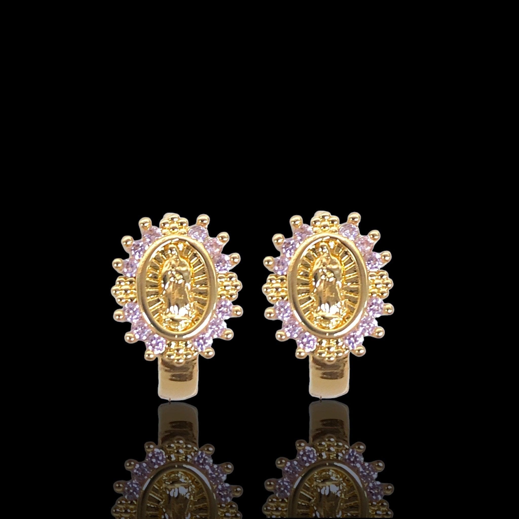 Oro Laminado Gold Filled Virgin Guadalupe CZ Huggie Earrings
