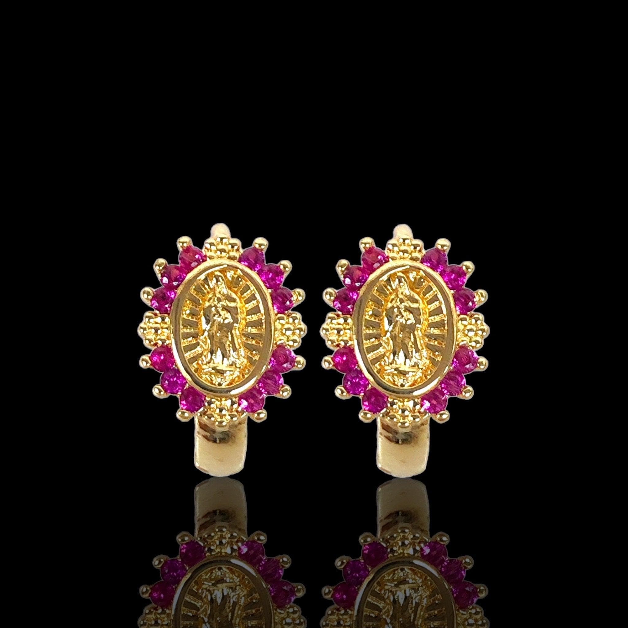 Oro Laminado Gold Filled Virgin Guadalupe CZ Huggie Earrings