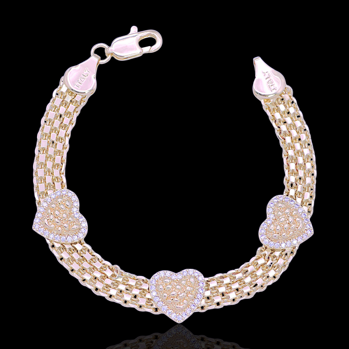 Oro Laminado Happy Charms Mesh Chain CZ Bracelet