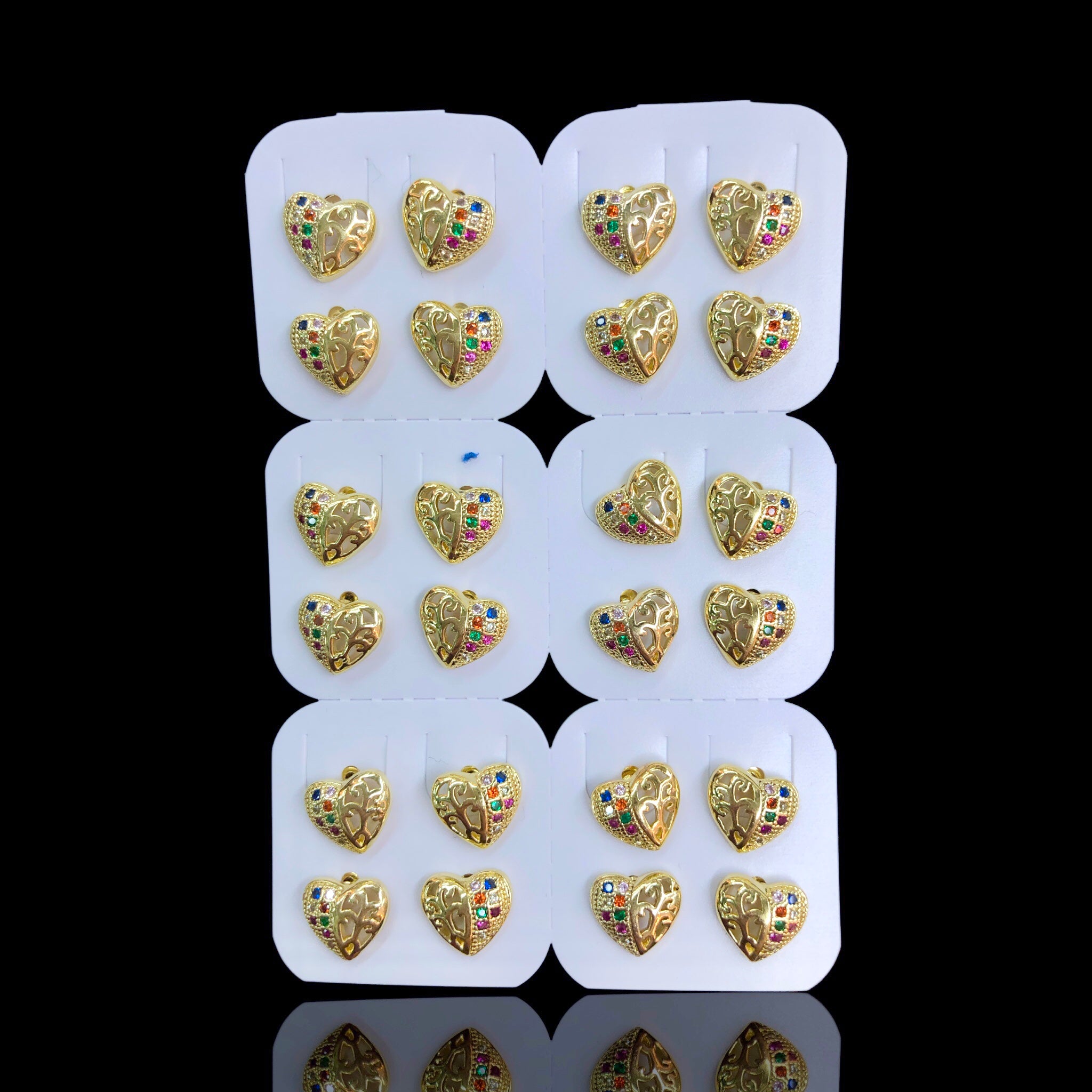 Oro Laminado Rainbow Gem Heart Stud Earrings (Pack of 12)