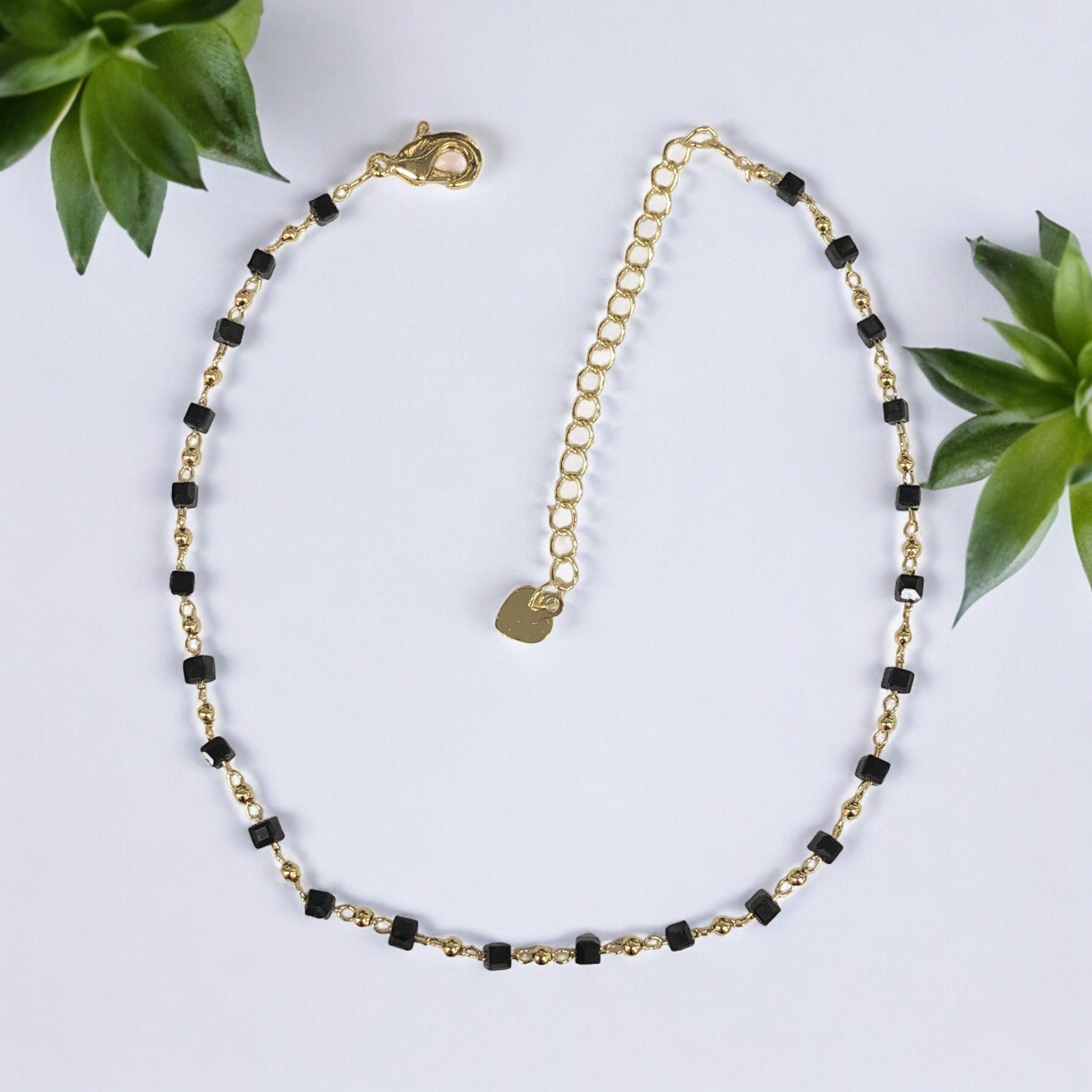 18K Gold Filled Black Quartz Cube Anklet- kuania oro laminado