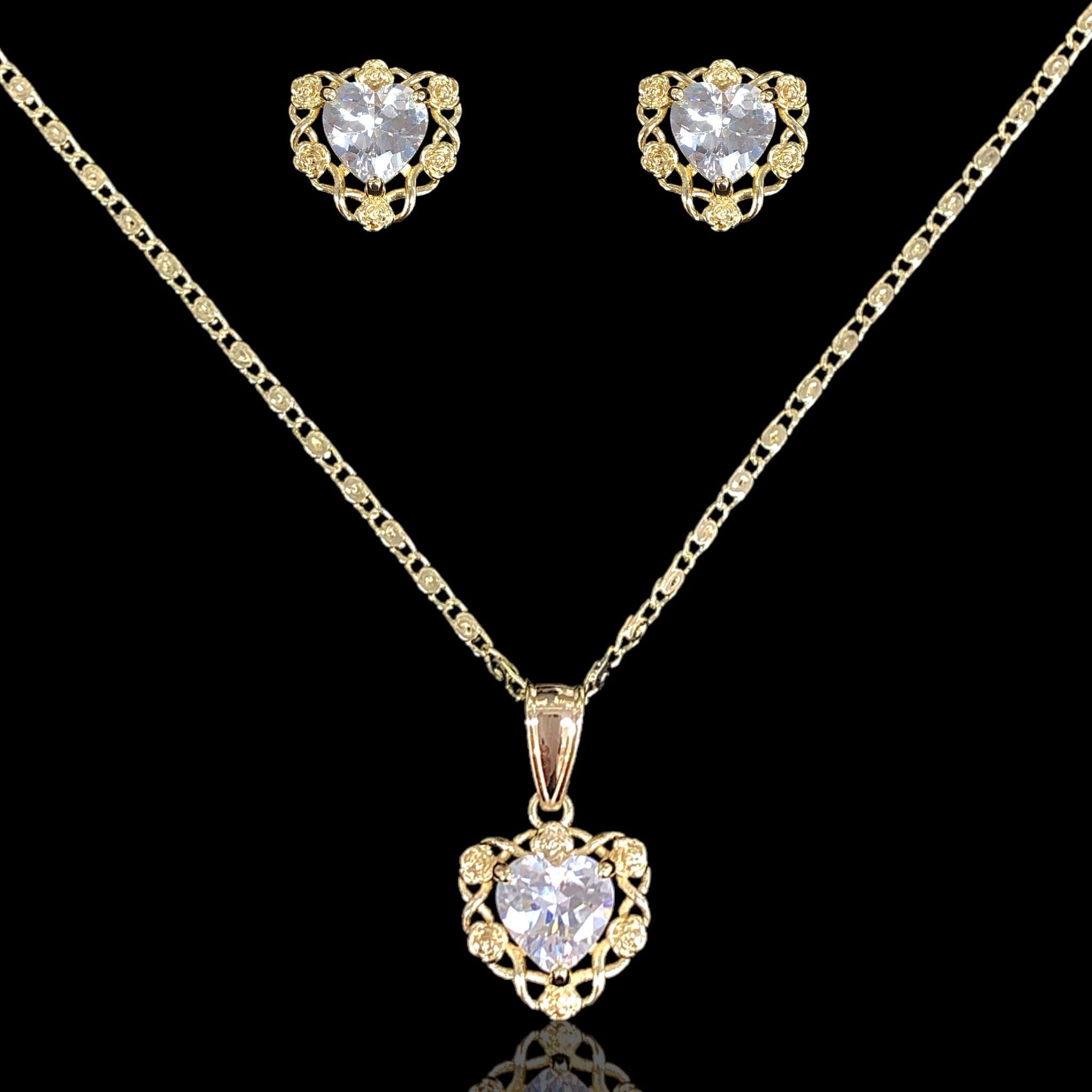 18K Gold Filled French Floral Heart Set- KUANIA ORO LAMINADO