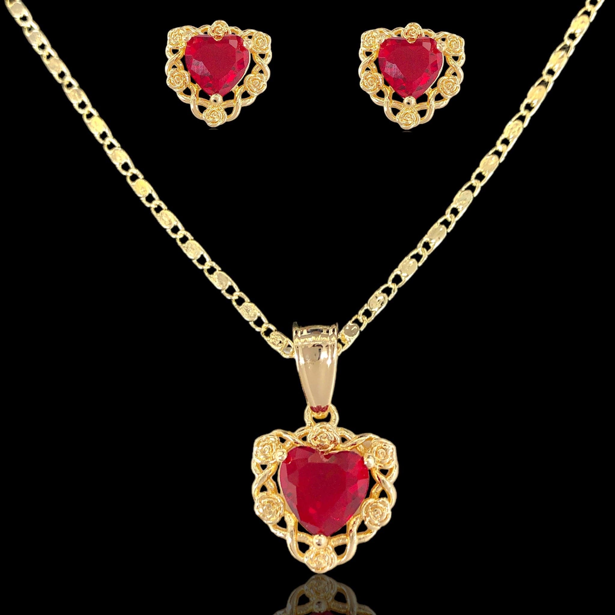 18K Gold Filled French Floral Heart Set- KUANIA ORO LAMINADO