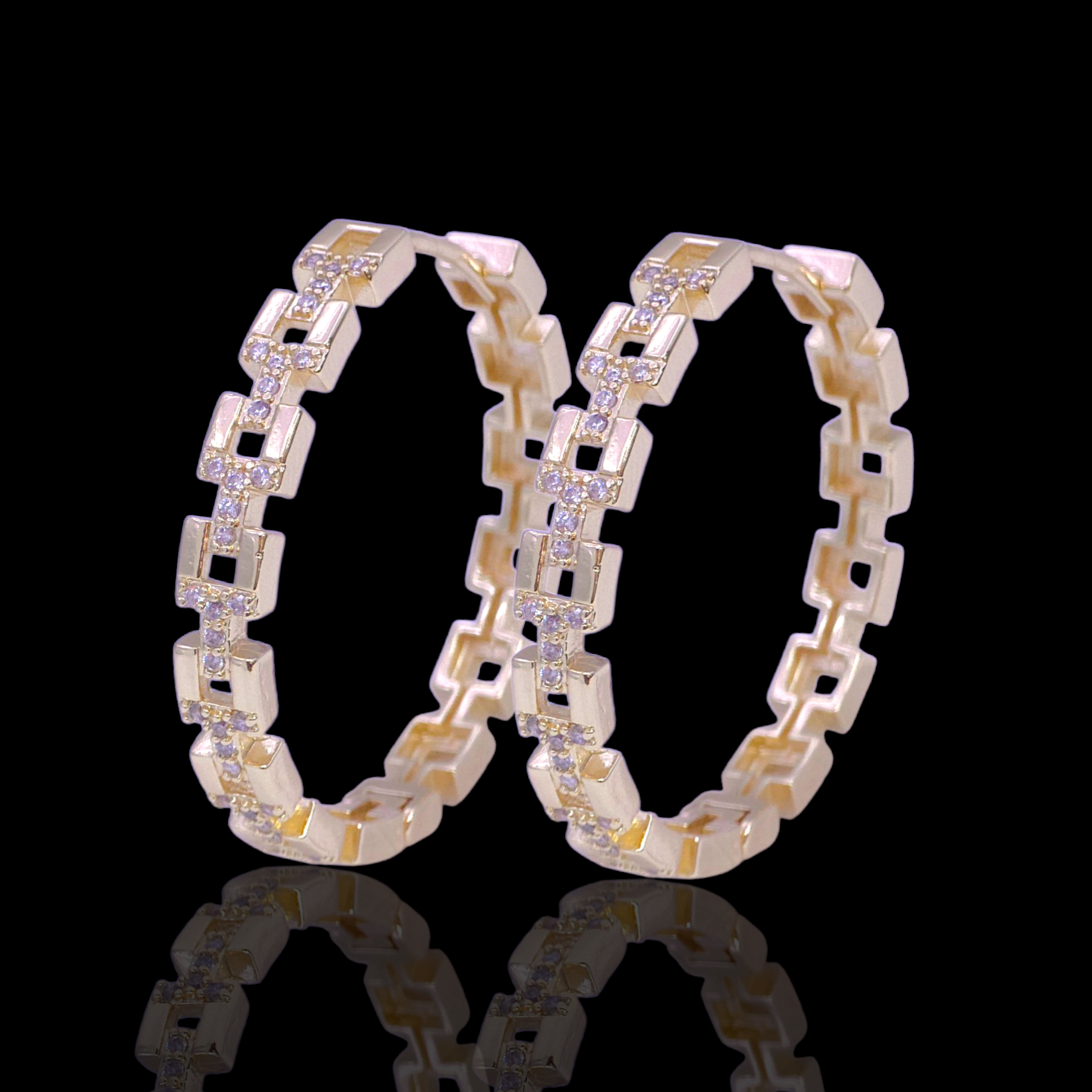 Oro Laminado Gold Filled Florentine Link CZ Hoop Earrings