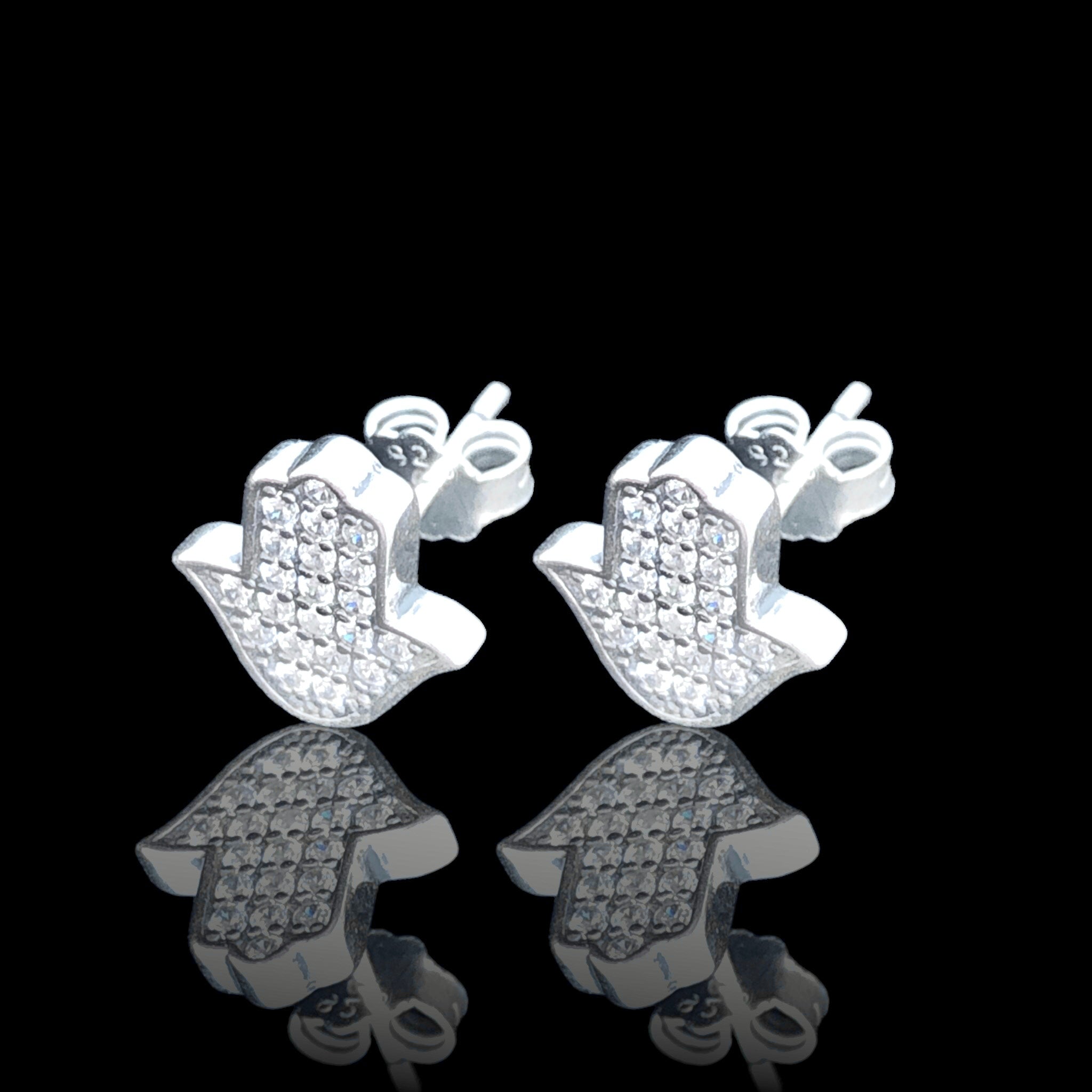 925 Sterling Silver CZ Hamsa Stud Earrings - Kuania 925 Sterling Silver