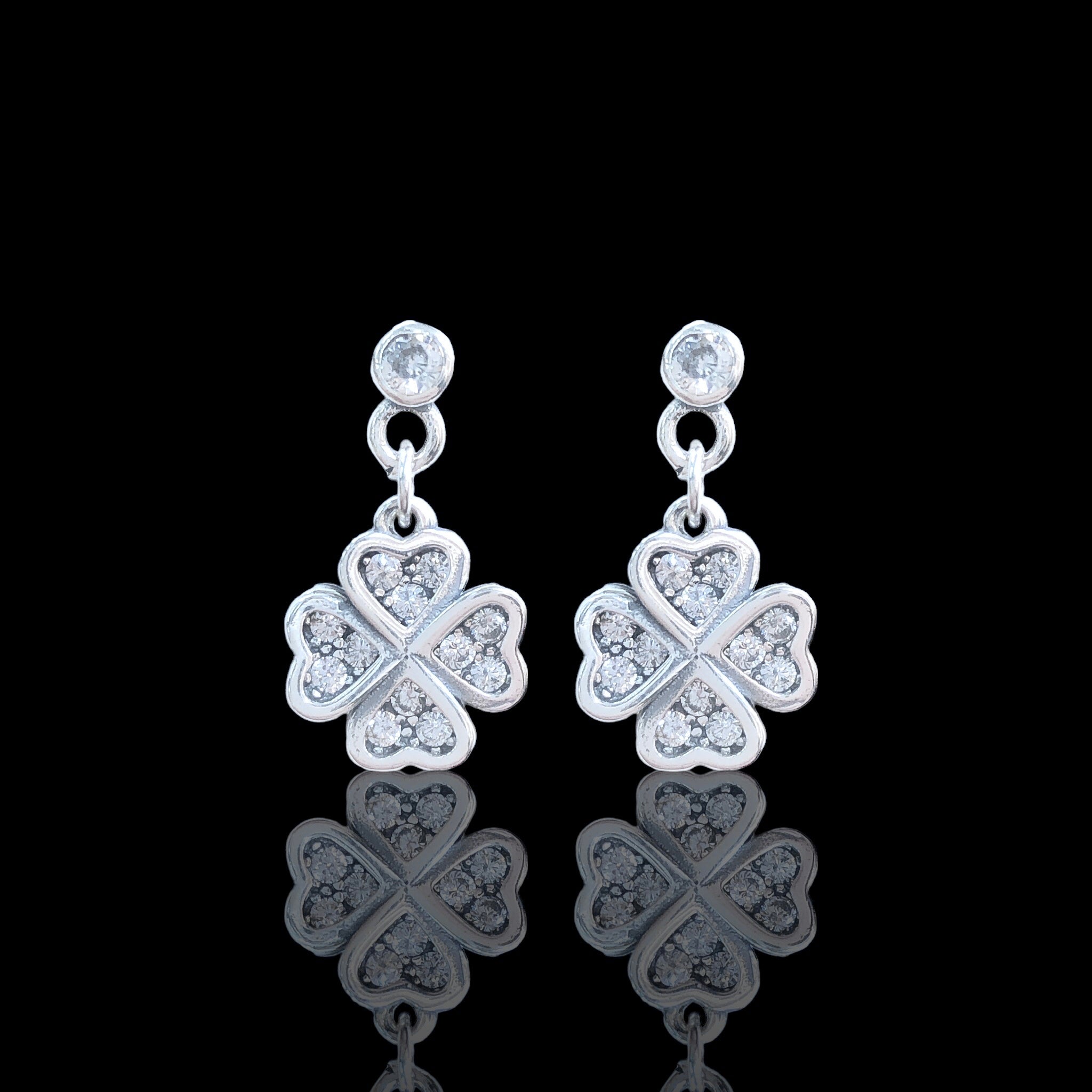 925 Sterling Silver CZ Heart Clover Dangle Stud Earrings - Kuania 925 Sterling Silver