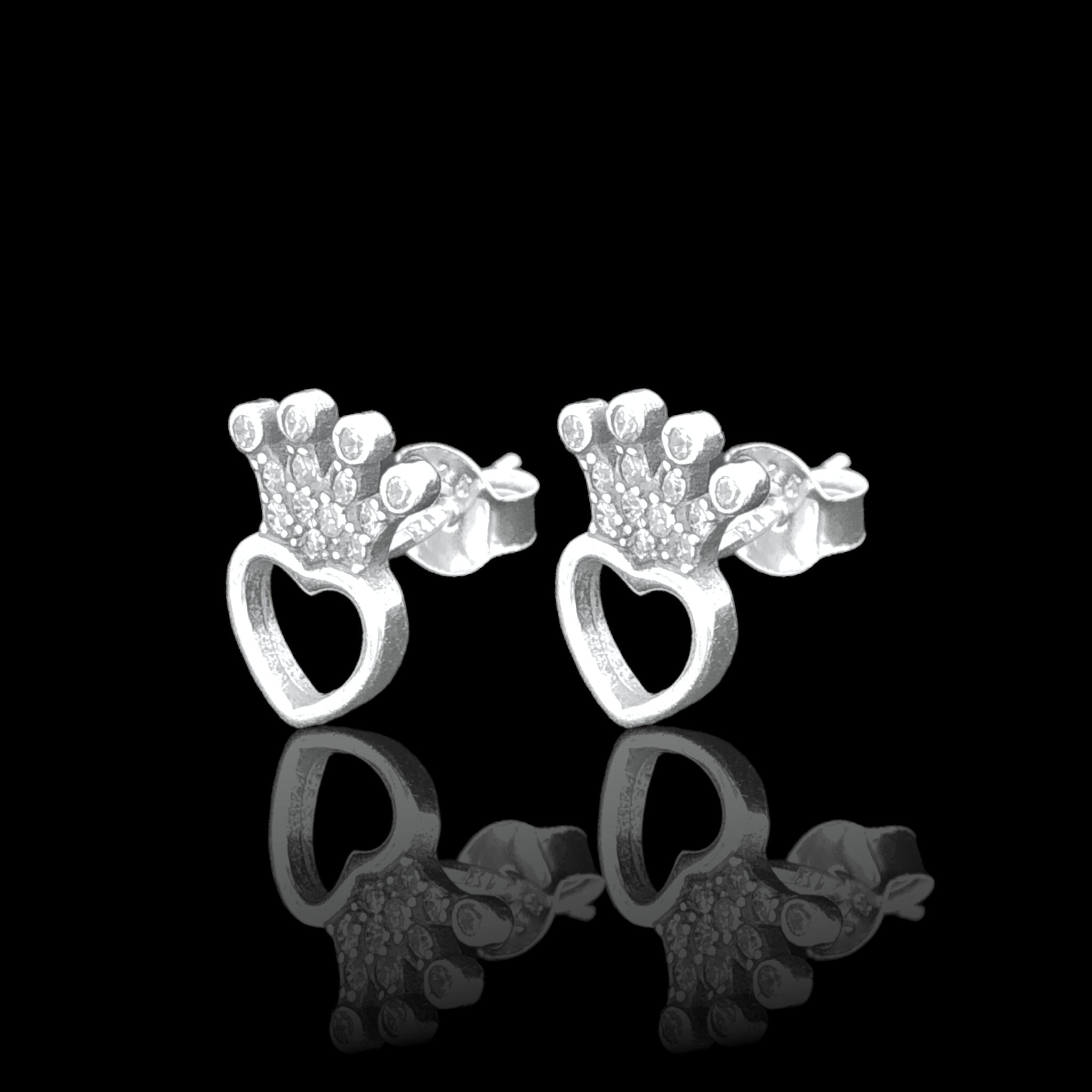 925 Sterling Silver CZ Crown Heart Stud Earrings - Kuania 925 Sterling Silver
