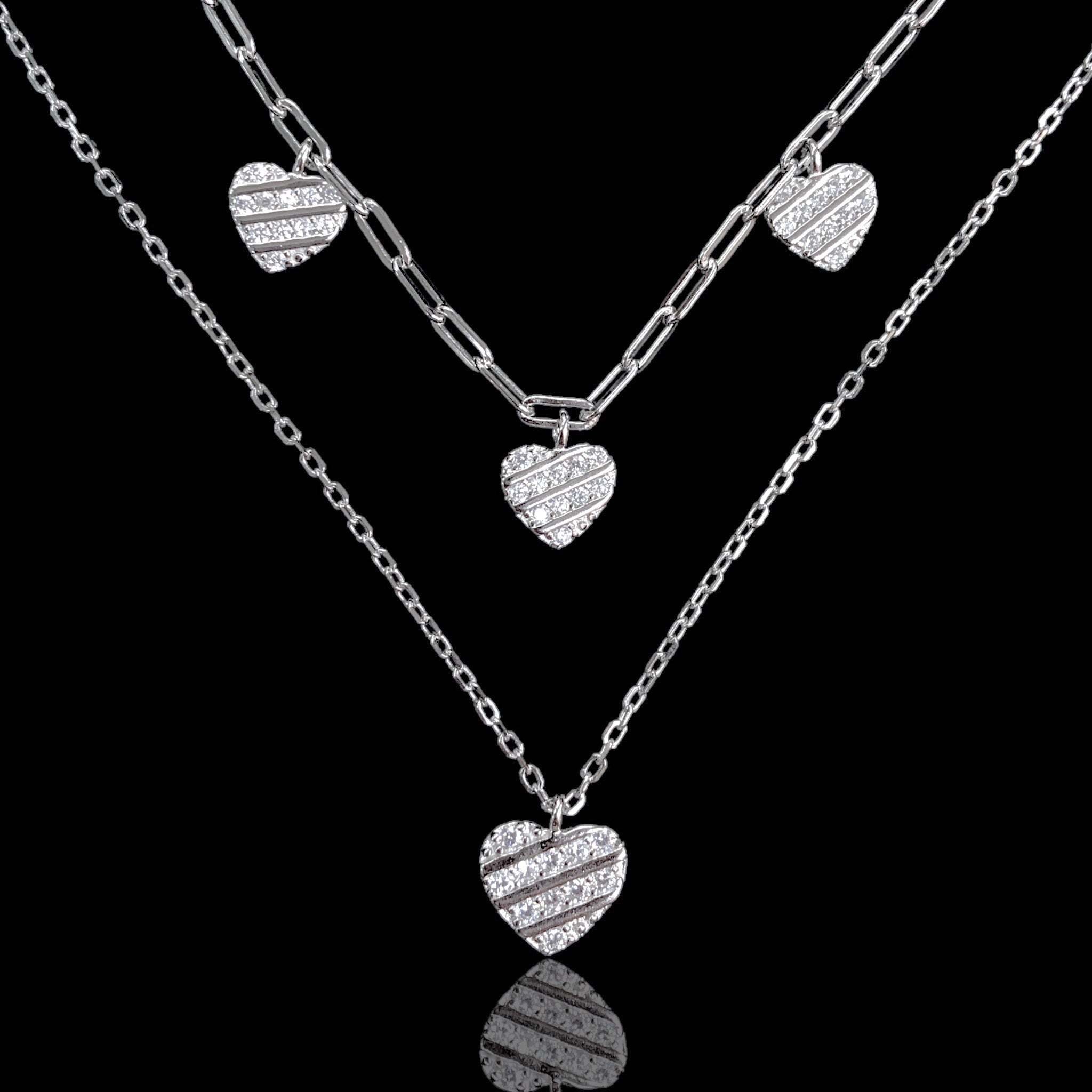 925 Sterling Silver CZ 4 Heart Dual Chain Adjustable Necklace - Kuania 925 Sterling Silver