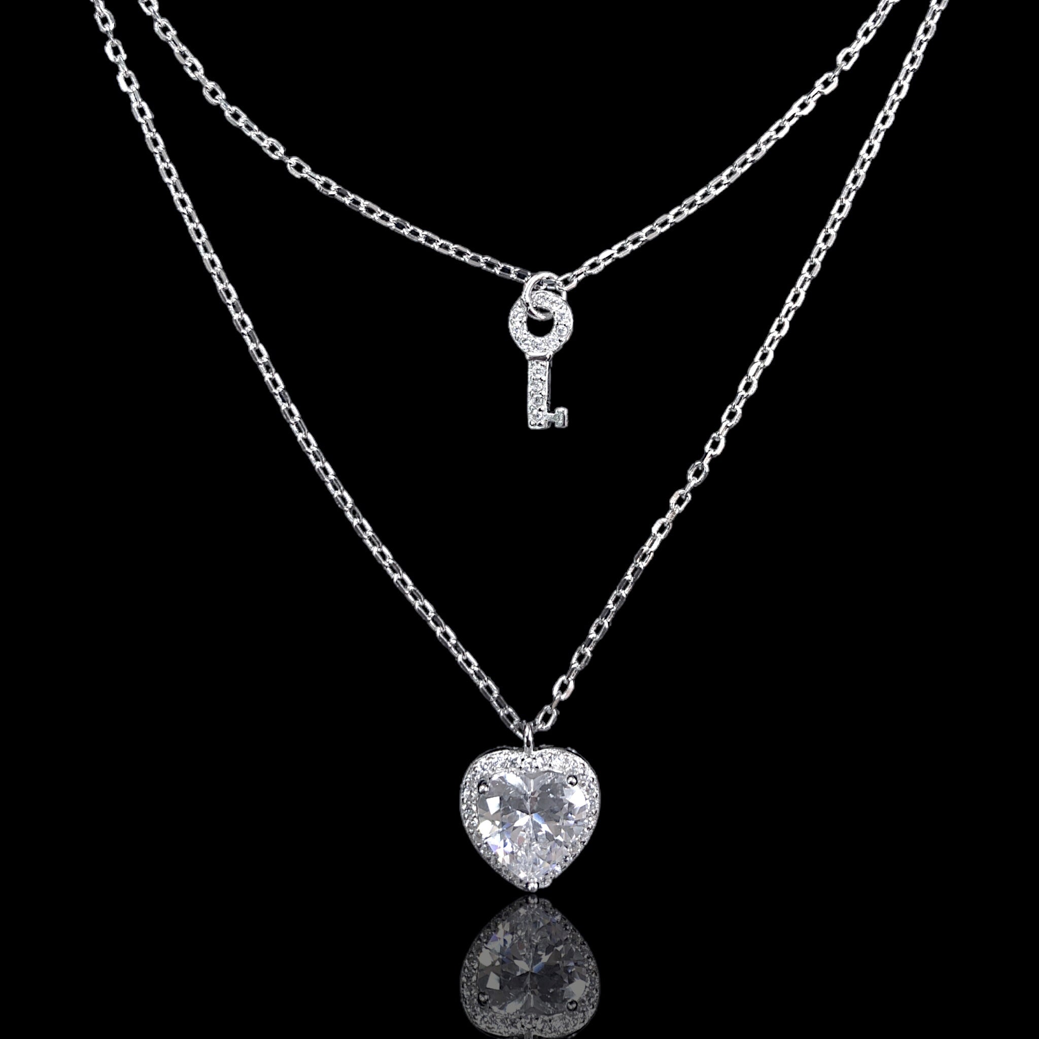 925 Sterling Silver CZ Heart and Key Adjustable Necklace - Kuania 925 Sterling Silver