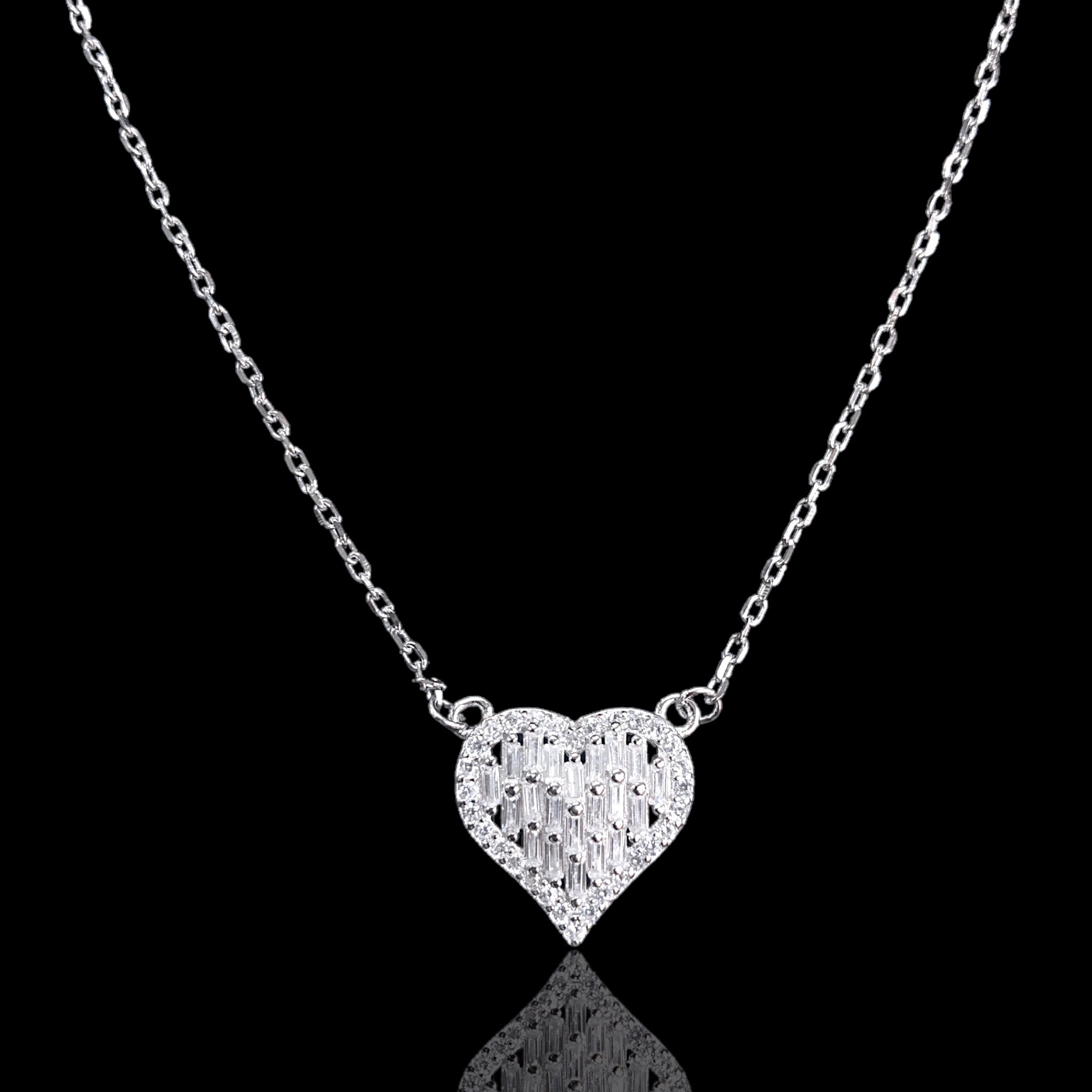 925 Sterling Silver Baguette CZ Heart Adjustable Necklace - Kuania 925 Sterling Silver