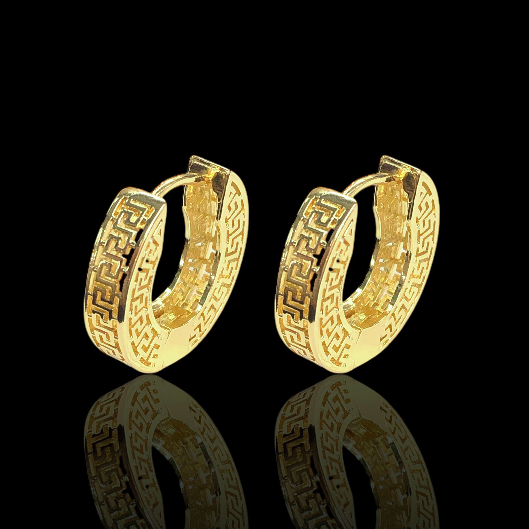 Gold Filled Oro Laminado Greek Pattern Hoop Earrings