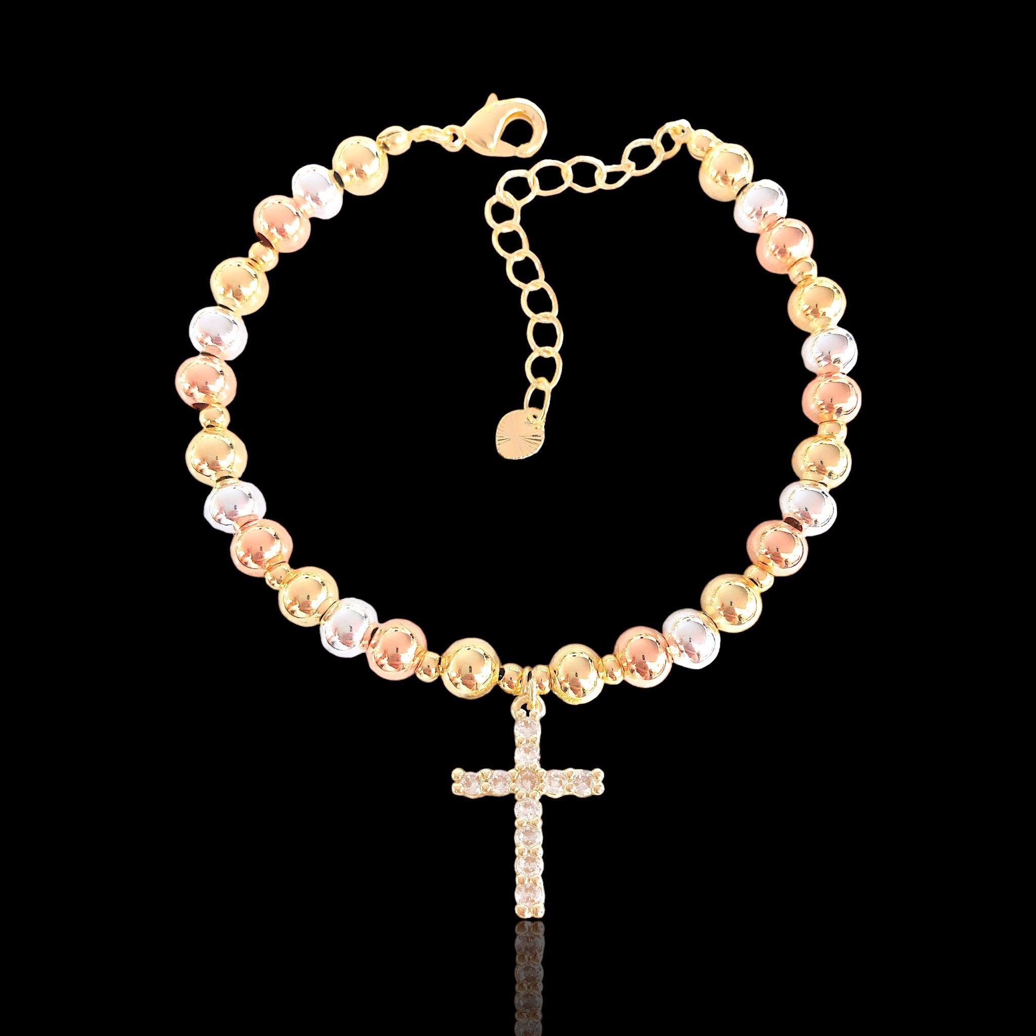 Oro Laminado Gold Filled CZ Cross Tricolor Beaded Bracelet