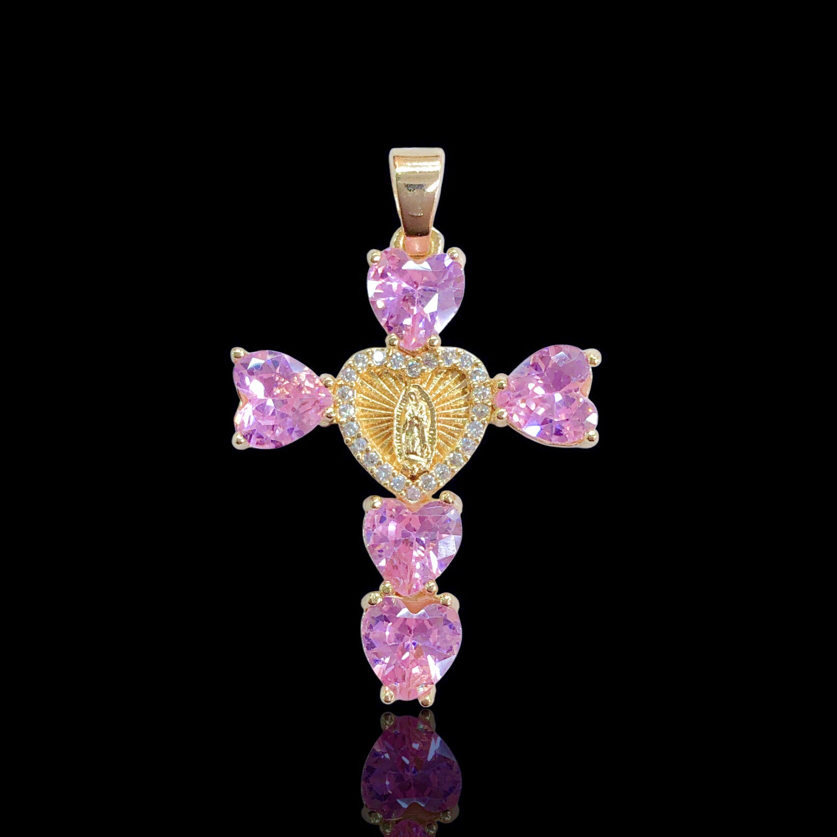 Oro Laminado Gold Filled Fancy Guadalupe Heart Cross Pendant