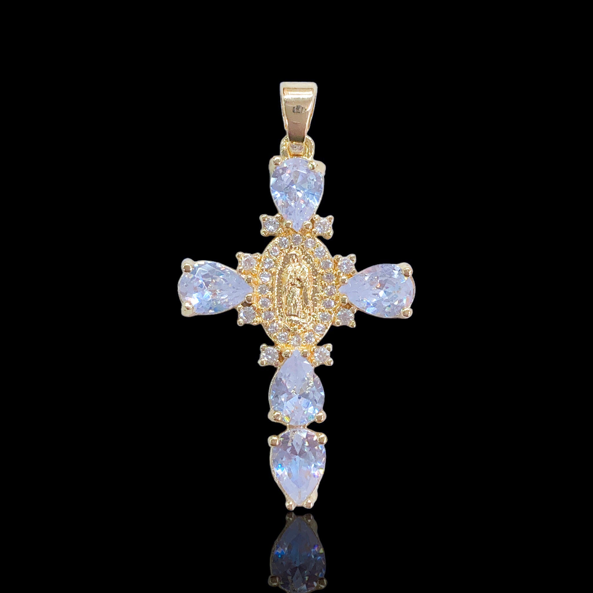 Oro Laminado Gold Filled Fancy Guadalupe Cross CZ Pendant