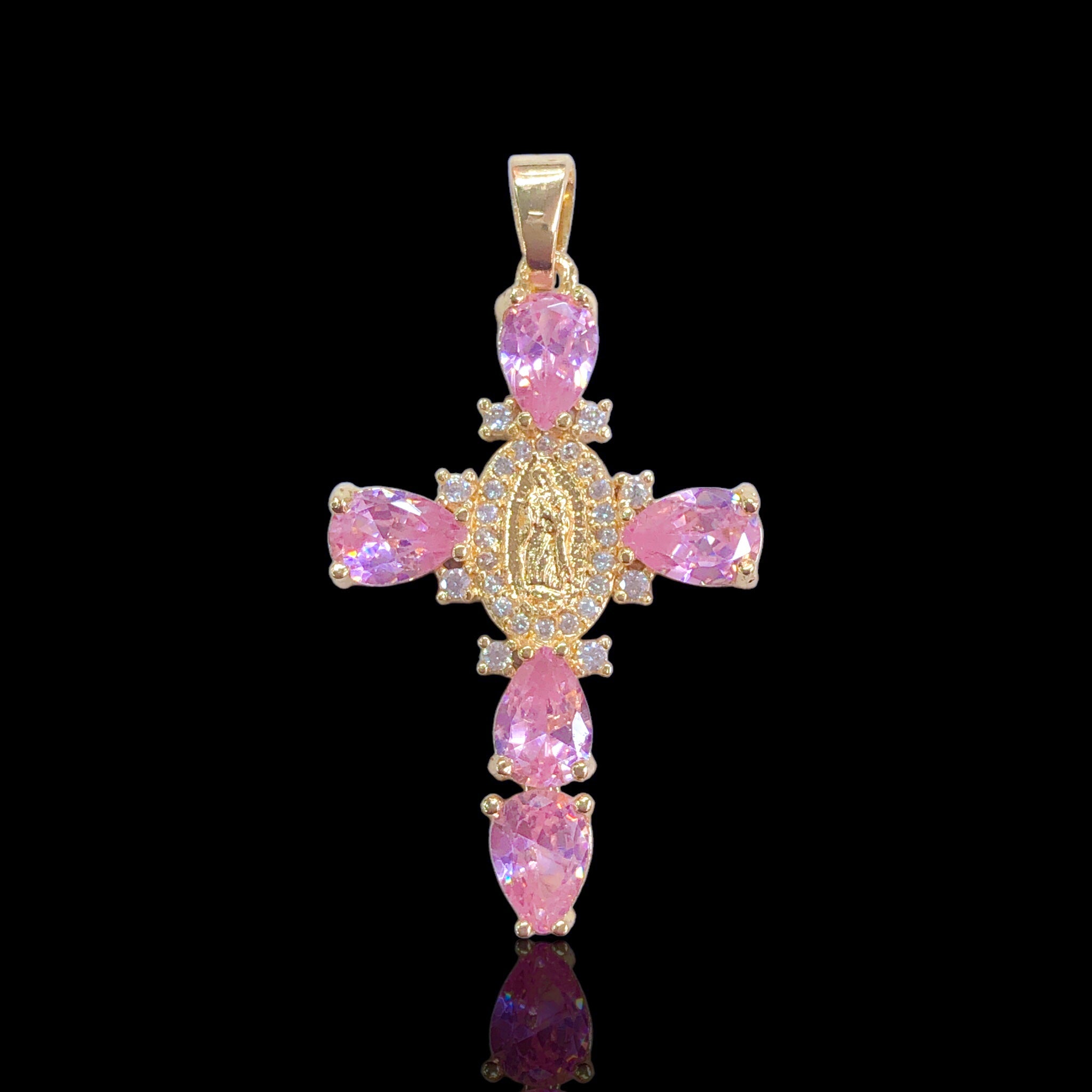 Oro Laminado Gold Filled Fancy Guadalupe Cross CZ Pendant