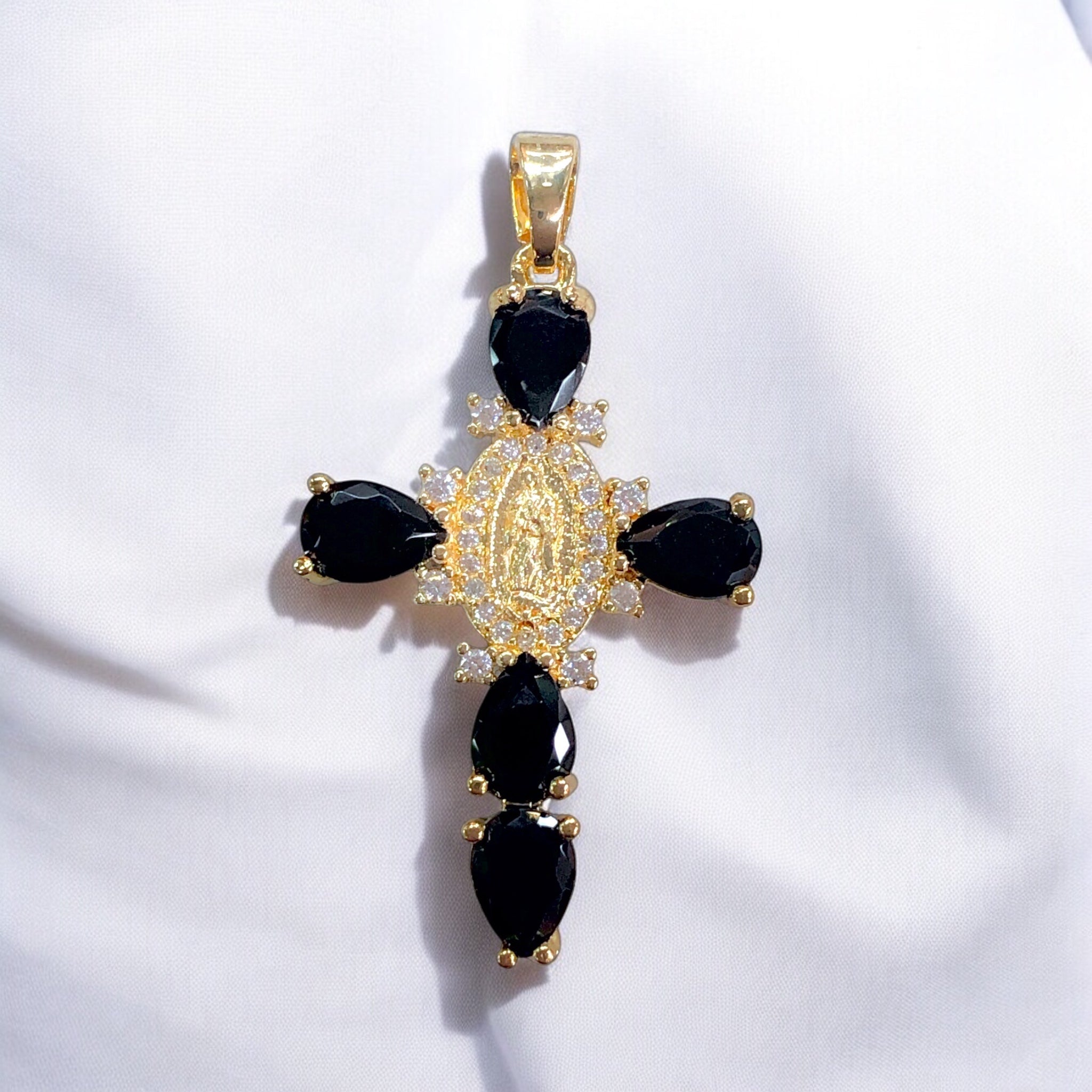 Oro Laminado Gold Filled Fancy Guadalupe Cross CZ Pendant