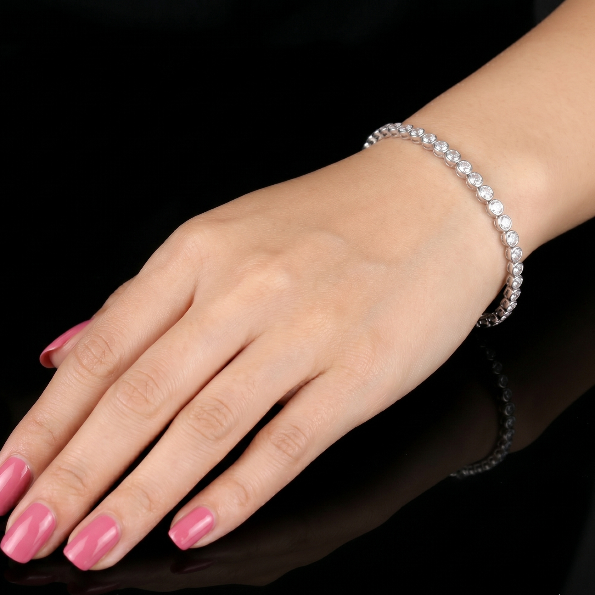 Rhodium Layered Turkish Round Bezel Zirconia Tennis Bracelet