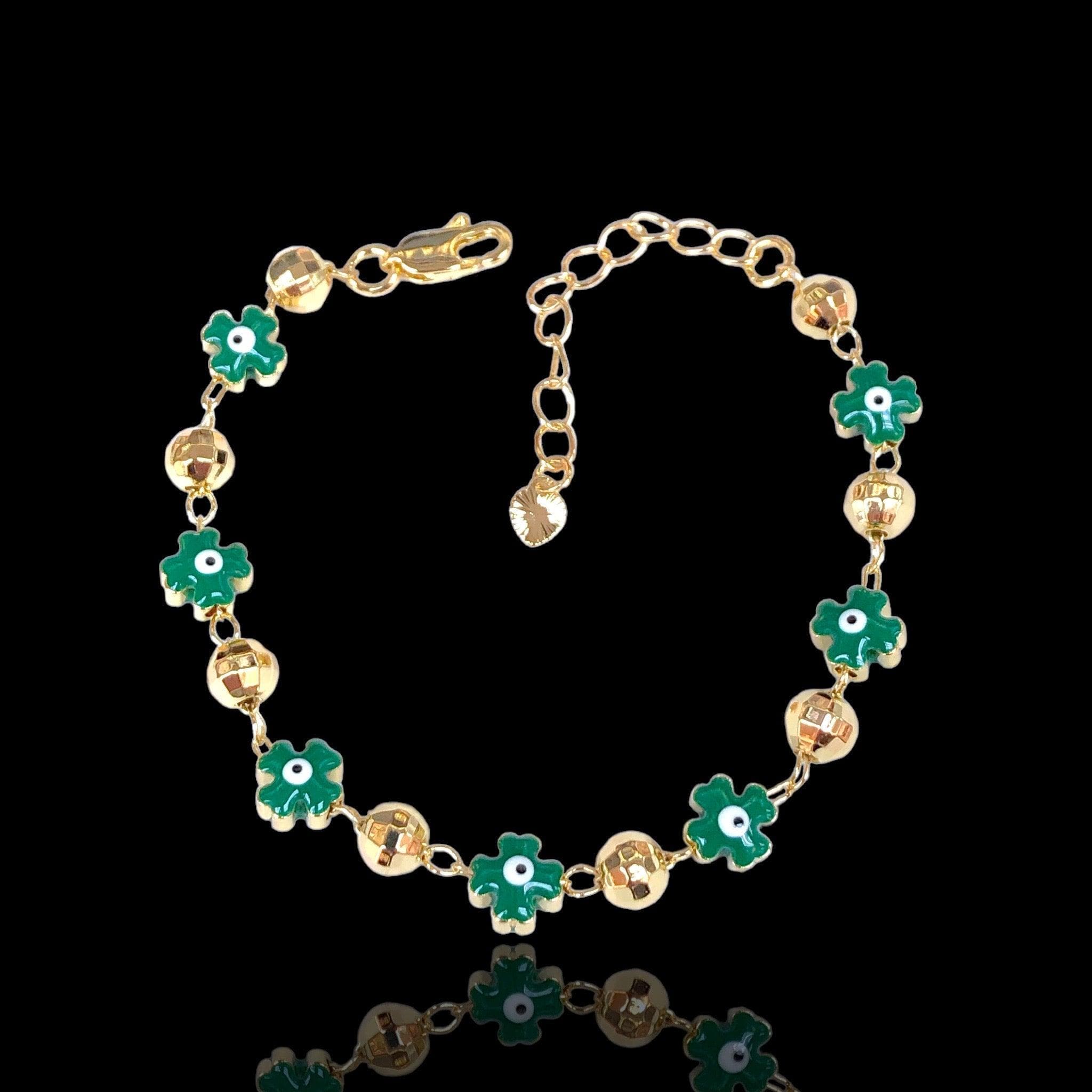18K Gold-Filled Lucky Clover Evil Eyes Bracelet- kuania oro laminado