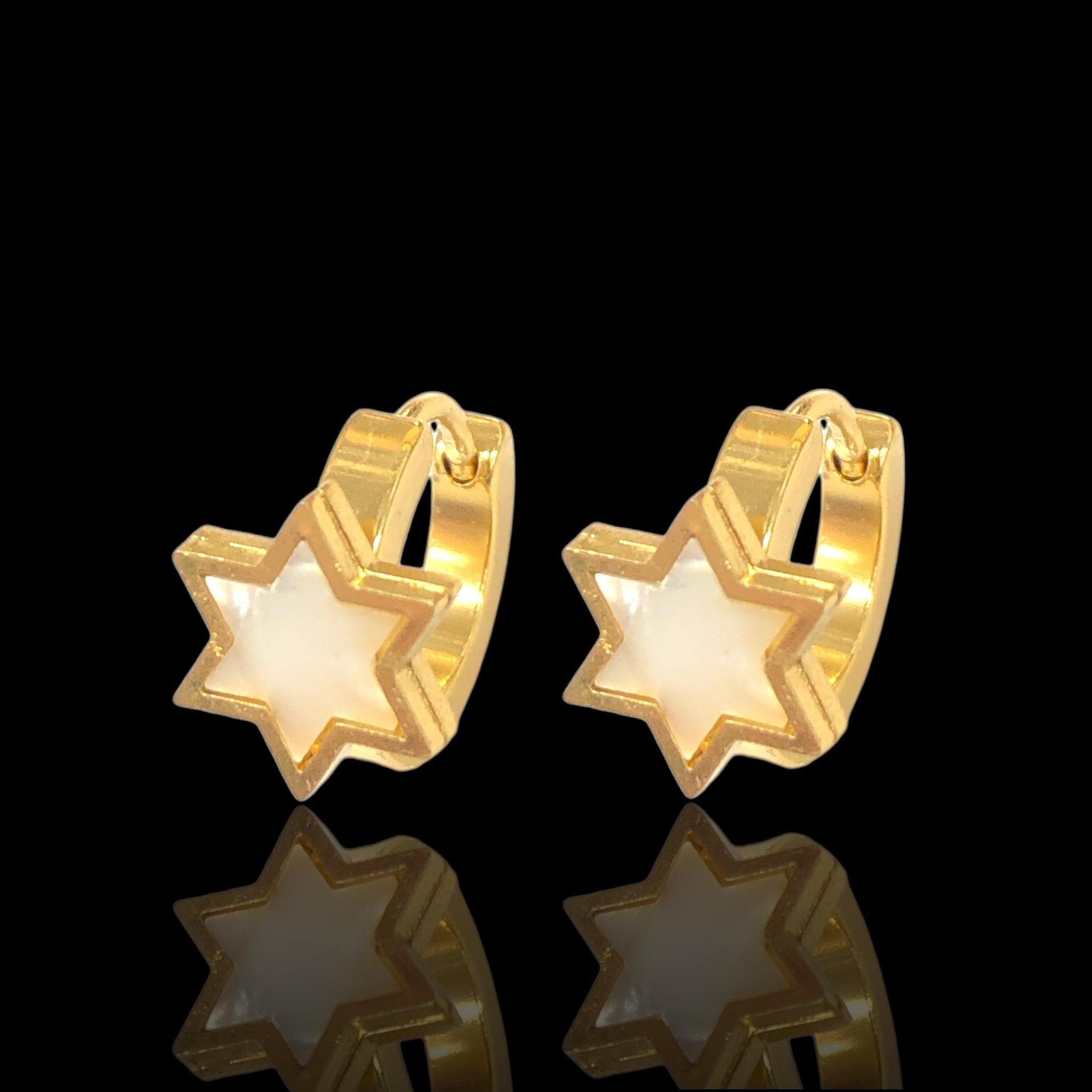 Stainless Steel Oro Laminado Seashell Star of David Huggie Earrings