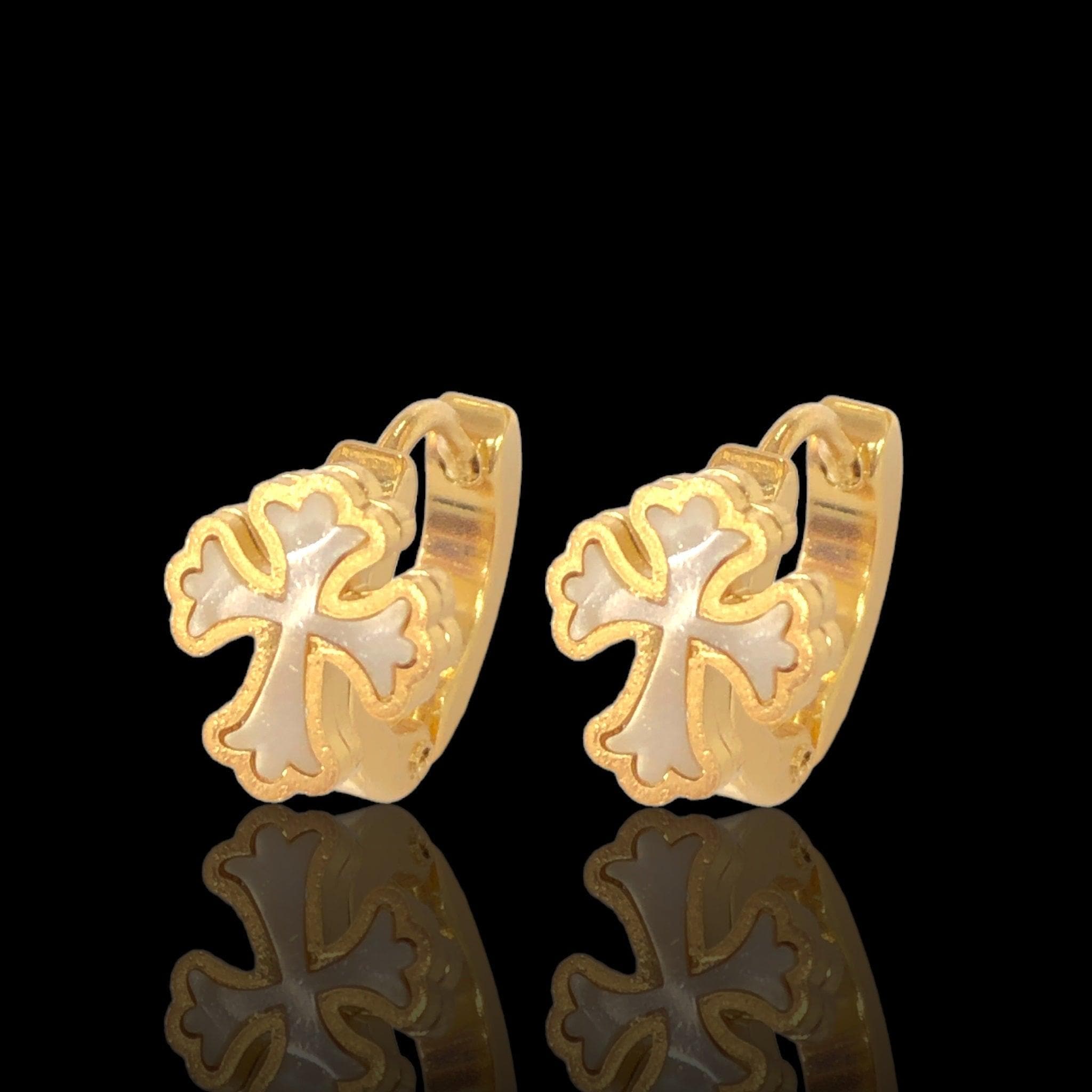 Stainless Steel Oro Laminado Seashell Sacred Cross Huggie Earrings