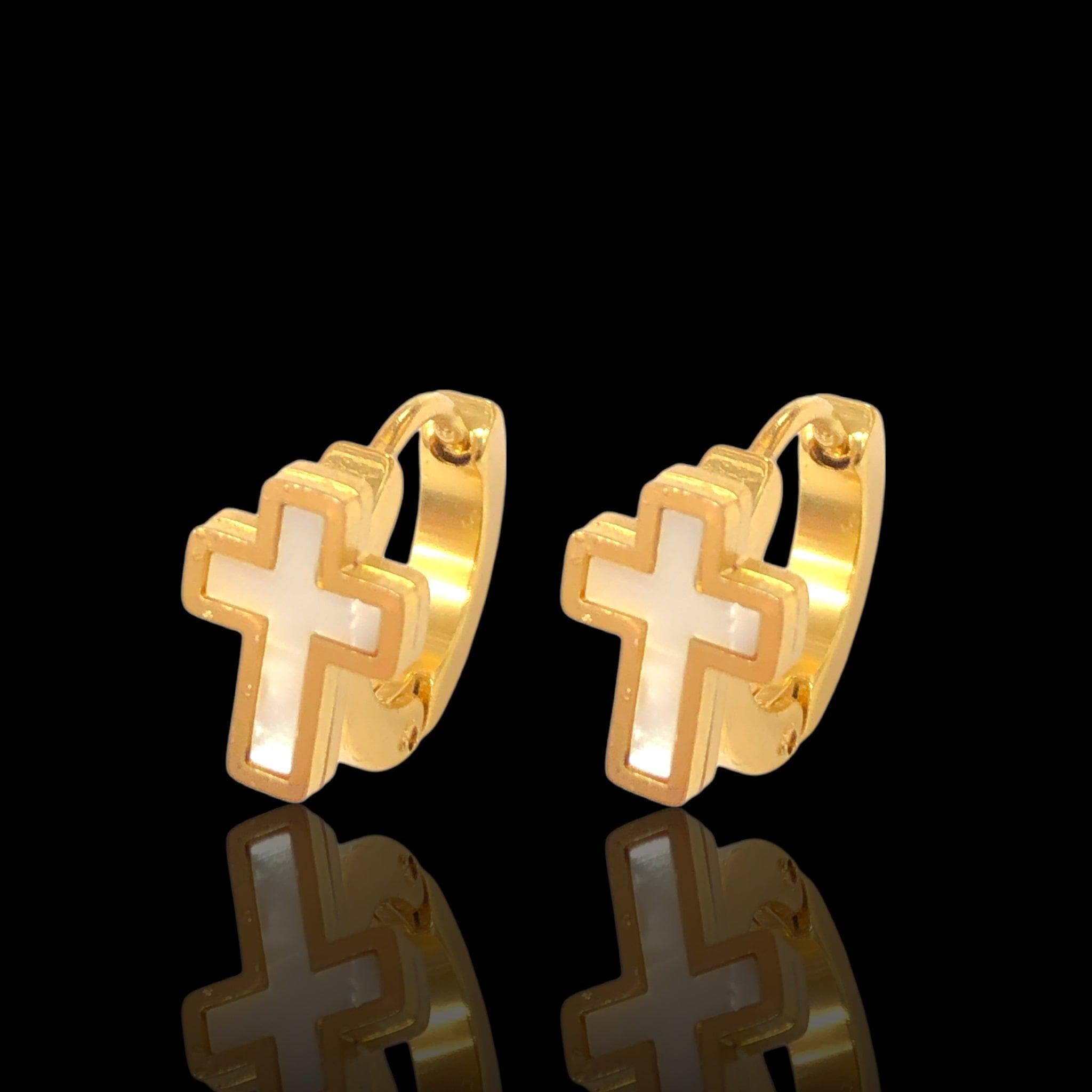 Stainless Steel Oro Laminado Seashell Holy Cross Huggie Earrings