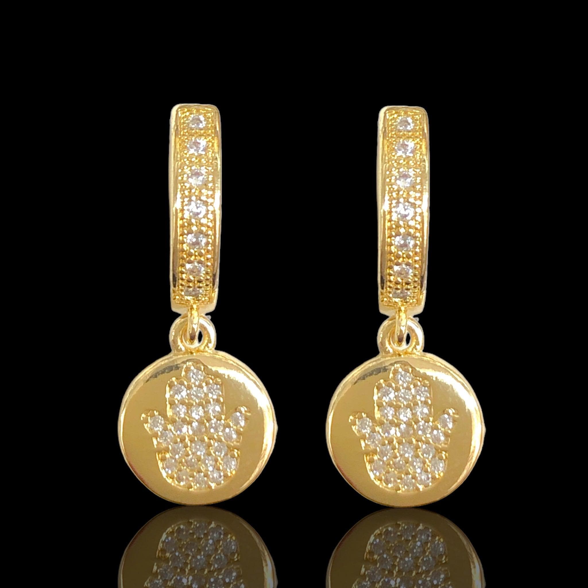 Oro Laminado Gold Filled Hamsa Dangle CZ Earrings