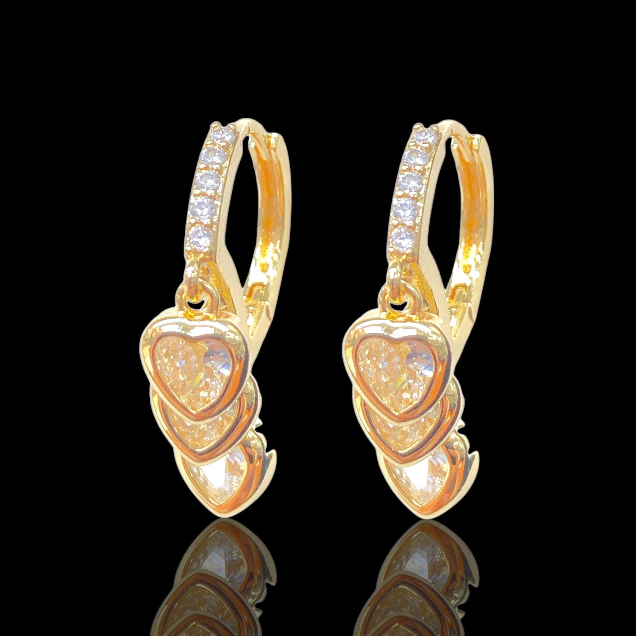Oro Laminado Gold Filled Paris Triple Heart Dangle CZ Earrings
