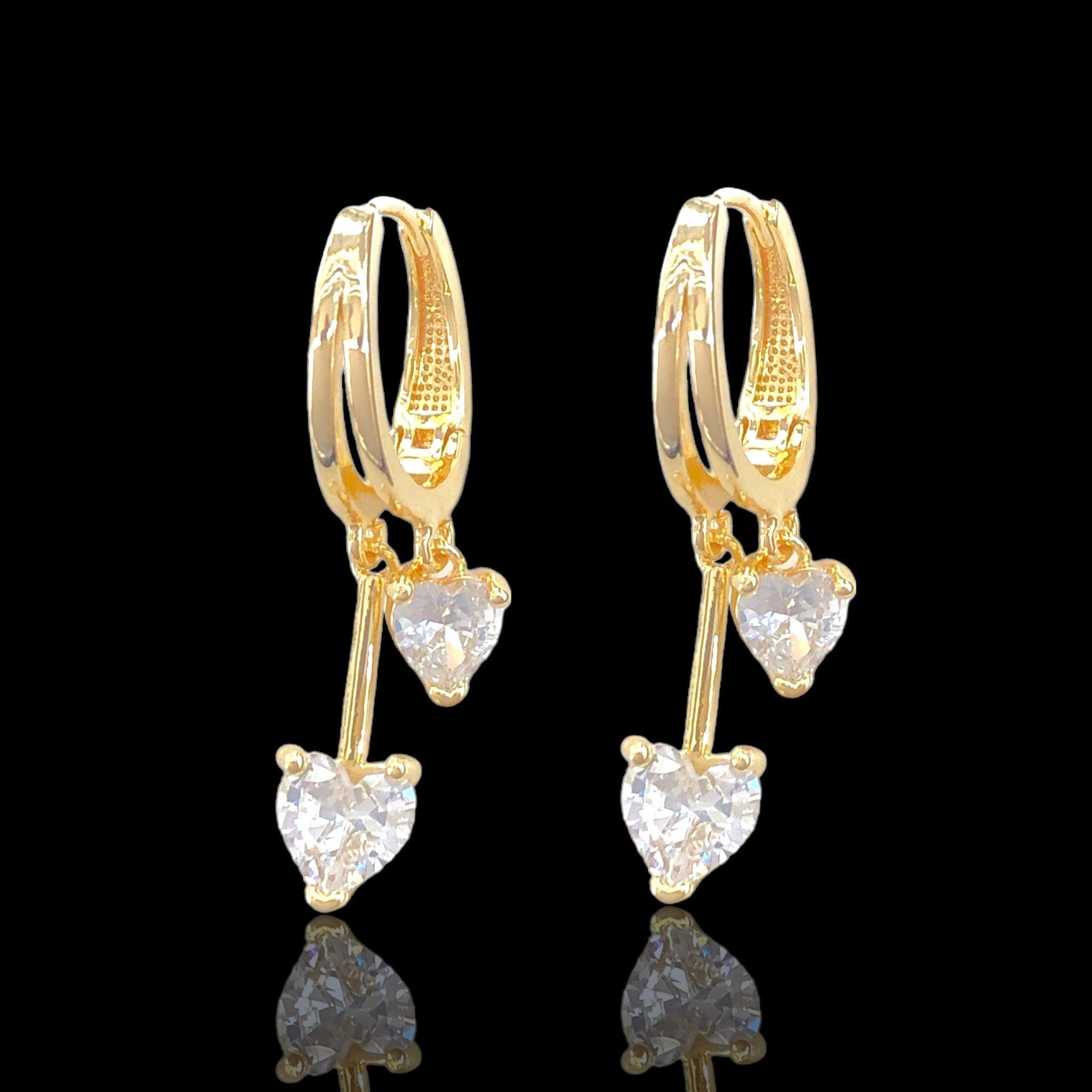 Oro Laminado Gold Filled Twin Heart Dangle CZ Earrings
