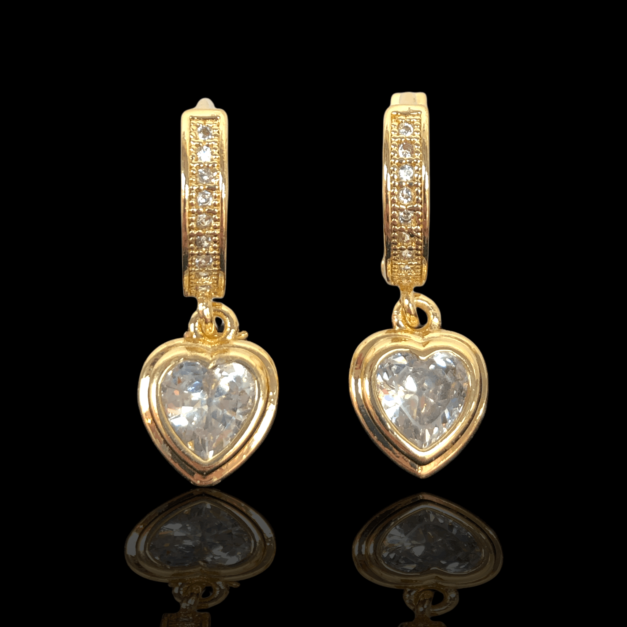 Oro Laminado Gold Filled Embraced CZ Heart Dangle Earrings