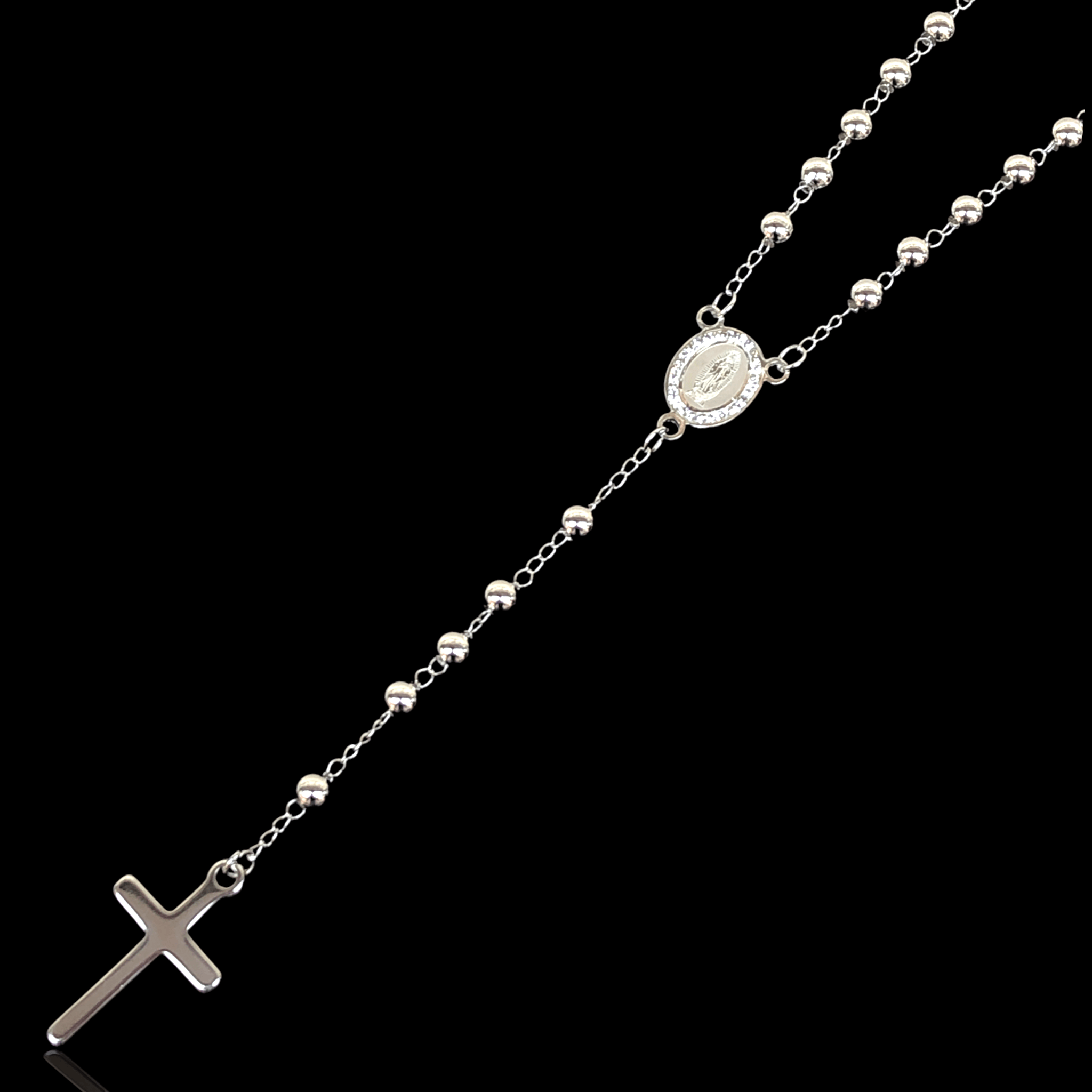 Rhodium Layered Stainless Steel 6mm Beads Rosary Necklace