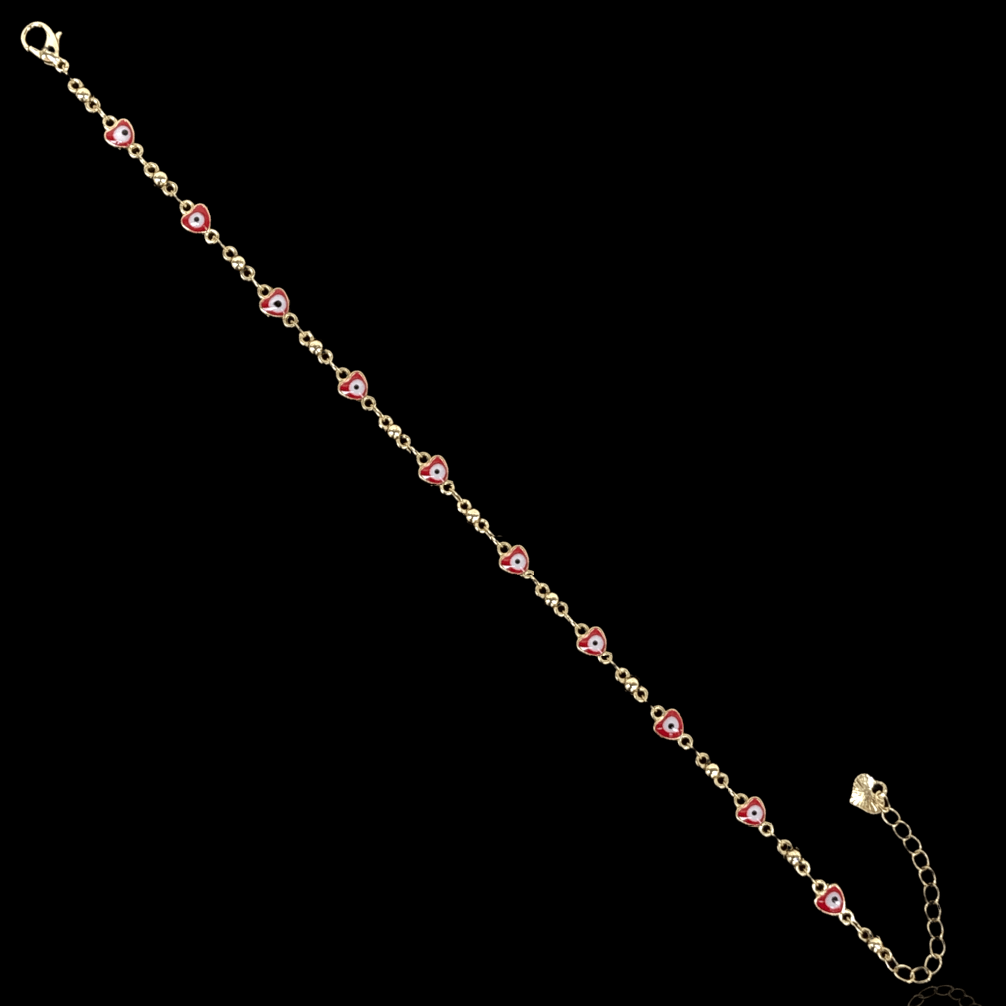 18k Gold-Filled 6mm Heart Evil Eyes Anklet- KUANIA ORO LAMINADO