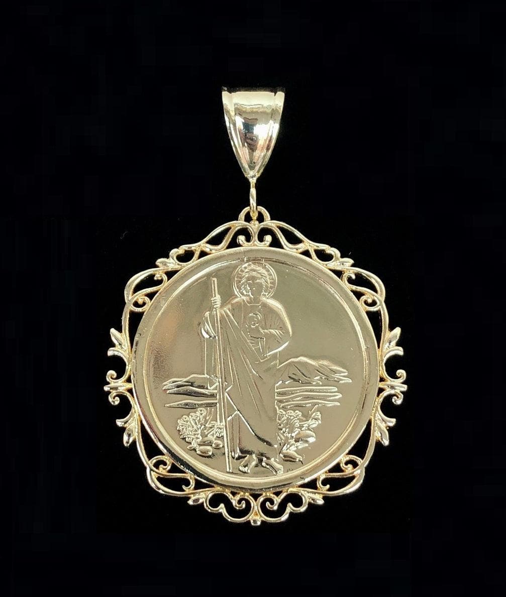 18K Gold Filled Filigree Frame San Judas Medallion Pendant- kuania oro laminado