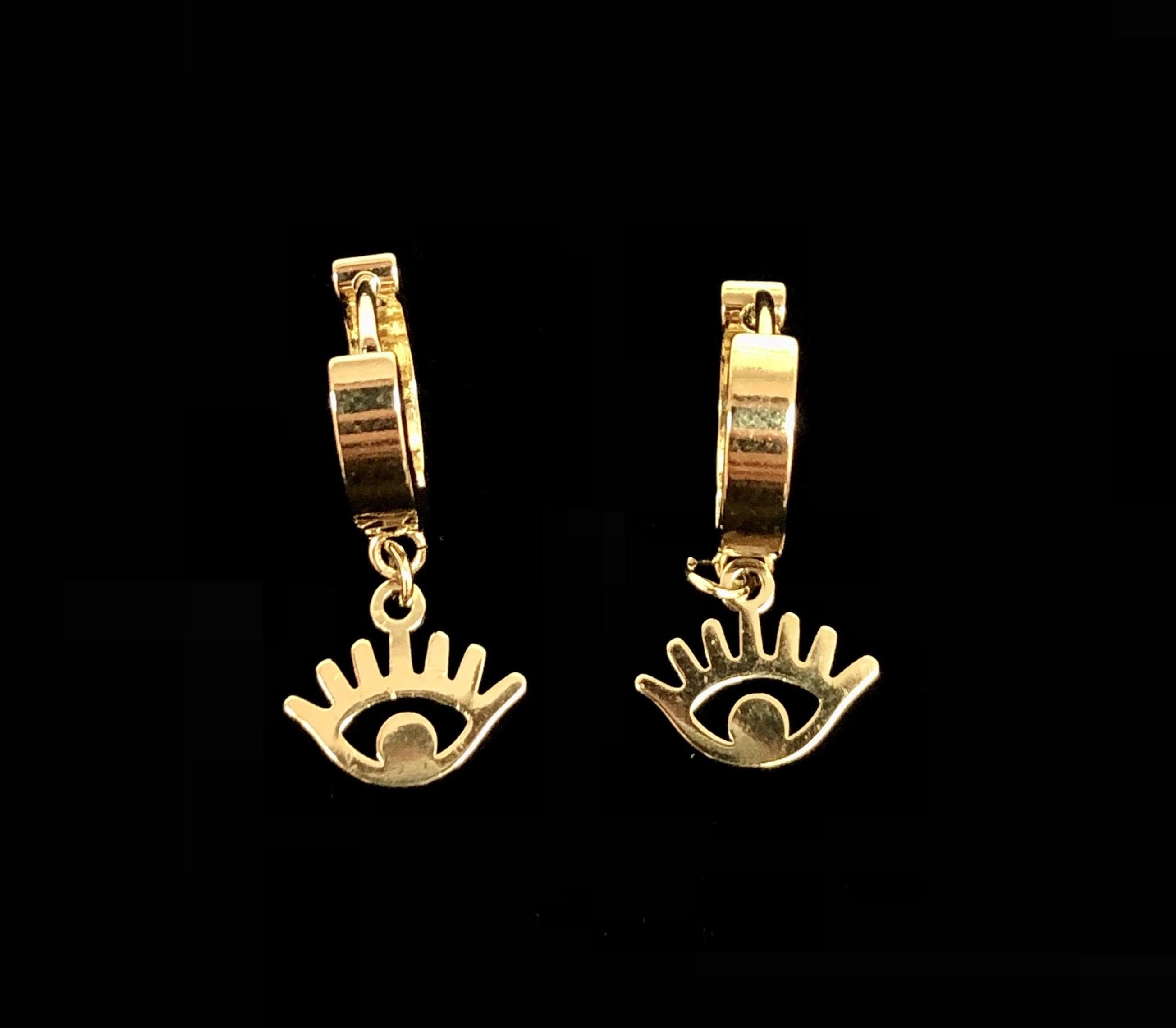 OLE 0106 -18K Gold Filled Oro Laminado DANGLE EARRINGS, EARRINGS, EVIL EYE, NEW, STAINLESS STEEL - KUANIA