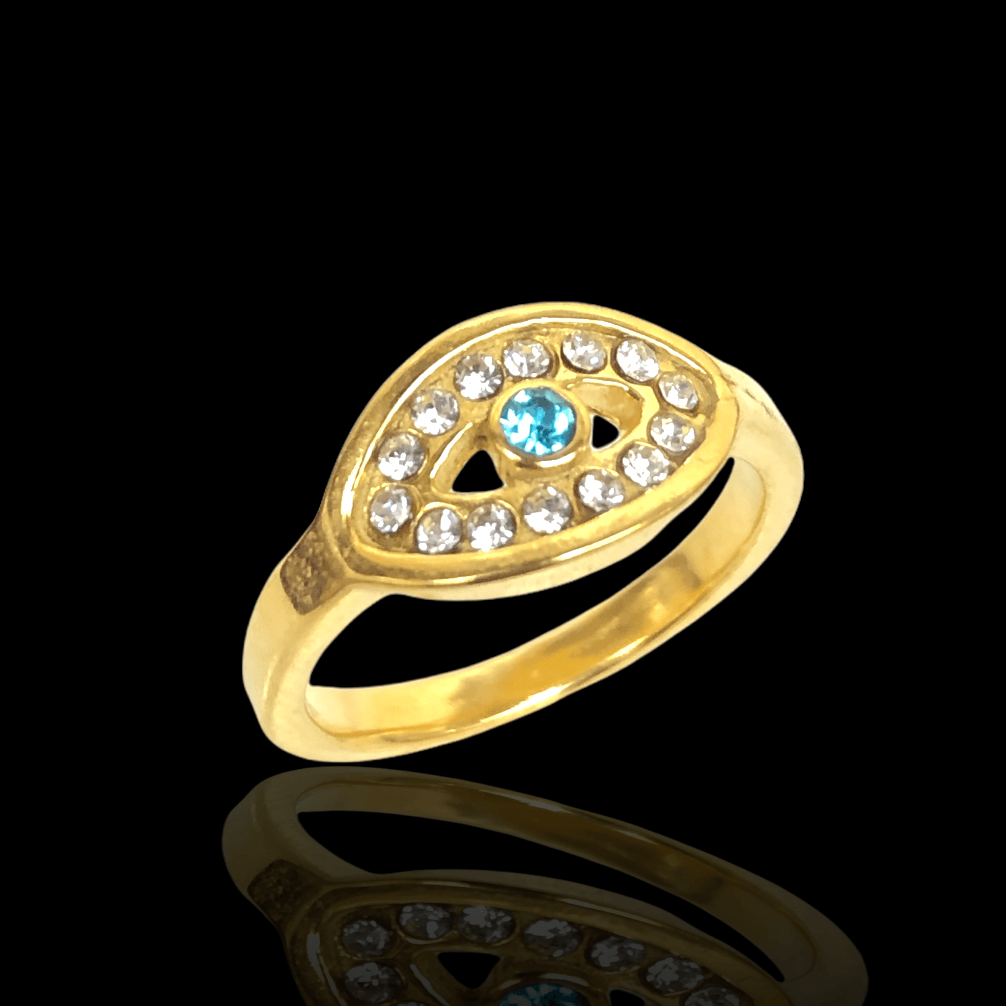 Oro Laminado Gold Filled Ocean Blue Evil Eyes Ring