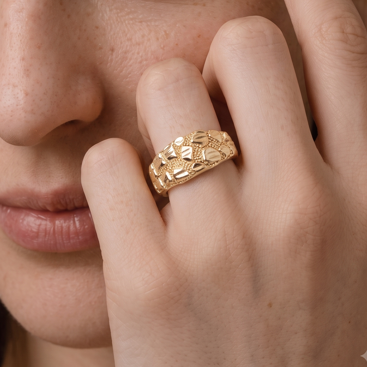 Gold Filled Oro Laminado Diamond Cut Nugget Signet Ring