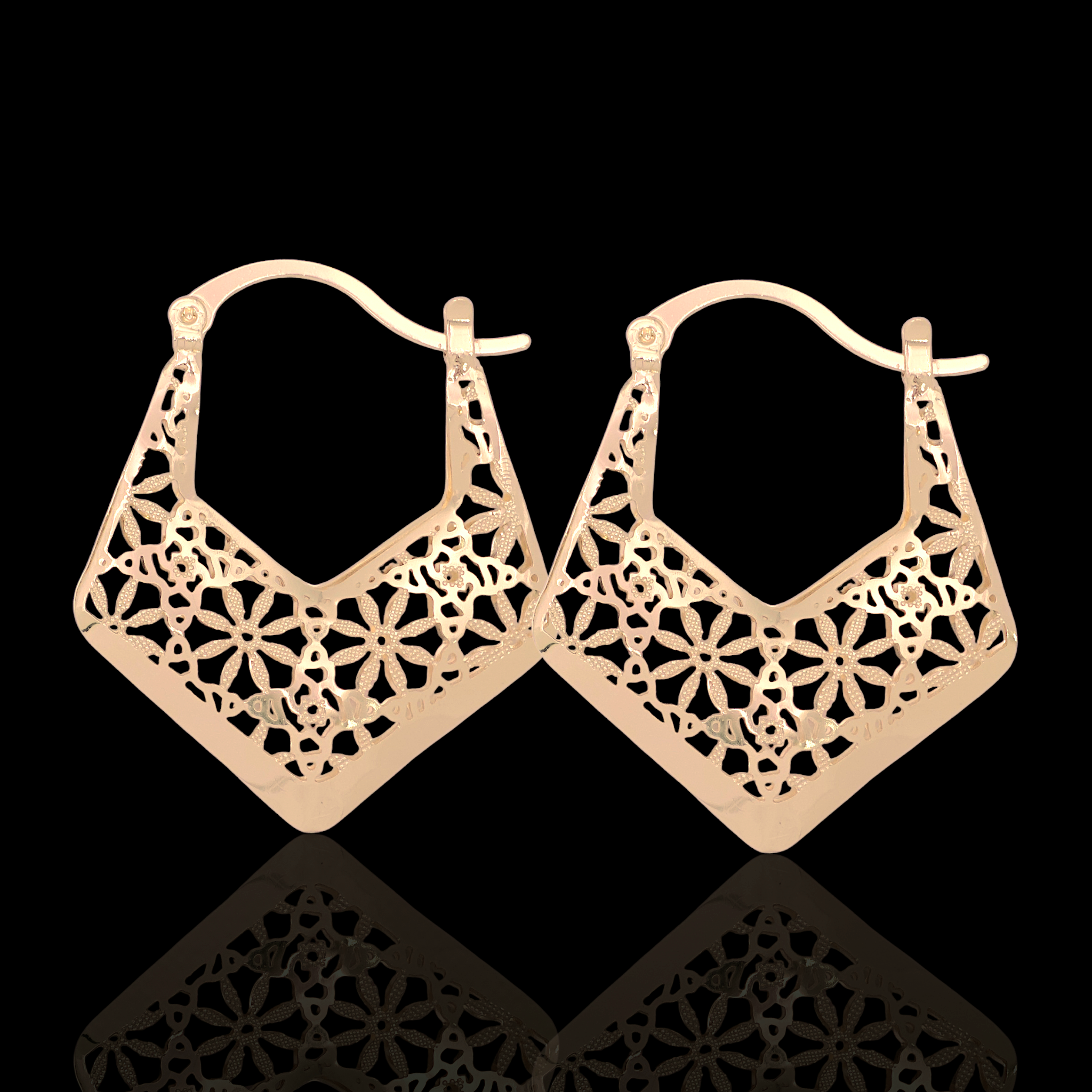 Gold Filled Oro Laminado Filigree Floral Hoop Earrings