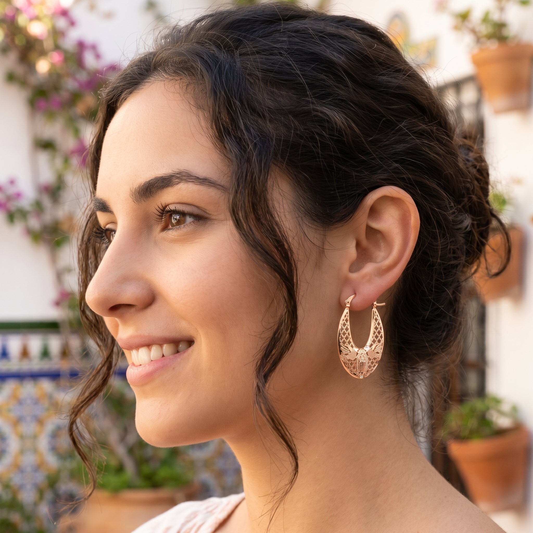 Gold Filled Oro Laminado Filigree Guadalupe Dove Hoop Earrings