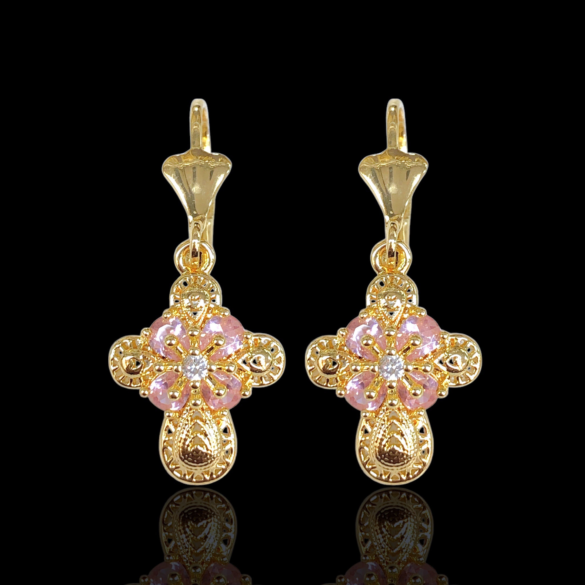 Gold Filled Oro Laminado Gemstone Cross Dangle Earrings
