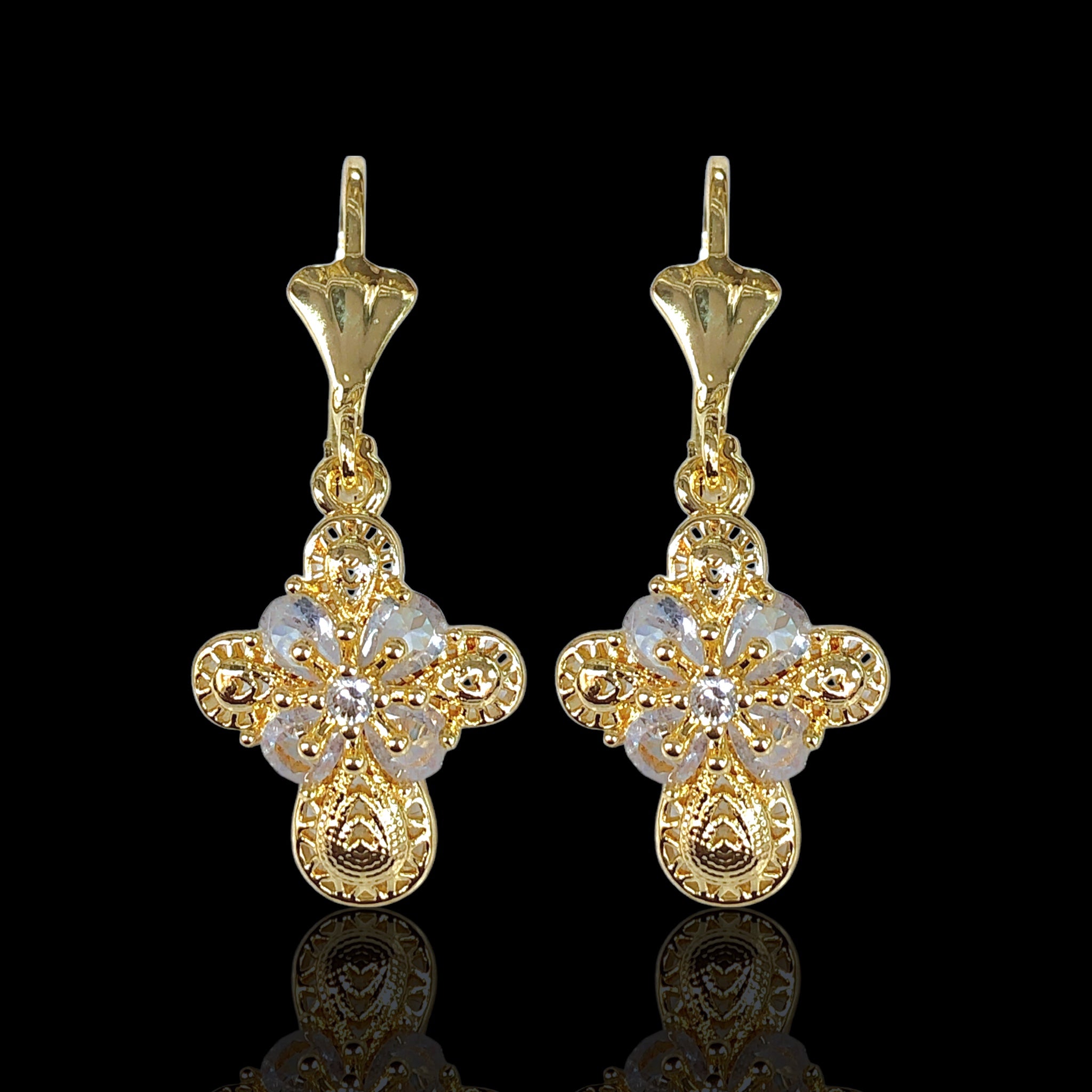 Gold Filled Oro Laminado Gemstone Cross Dangle Earrings