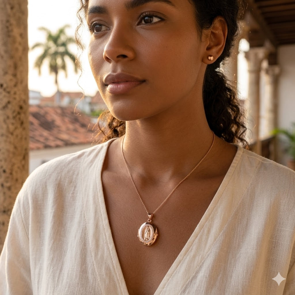 Gold Filled Oro Laminado Lady Guadalupe Oval Locket Pendant